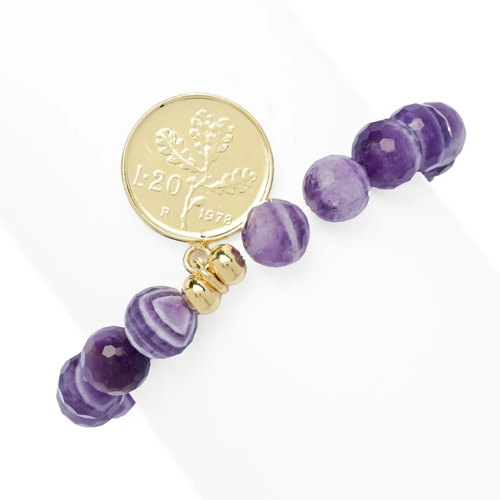 Toscana Italiana 18K Gold Plated 10m Bead Gem & Genuine 20 Lire Stretch Bracelet - Image 2