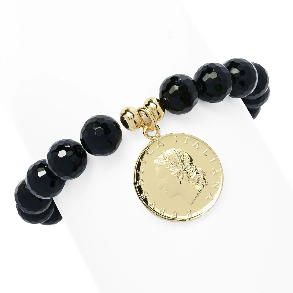 Toscana Italiana 18K Gold Plated 10m Bead Gem & Genuine 20 Lire Stretch Bracelet - Image 3