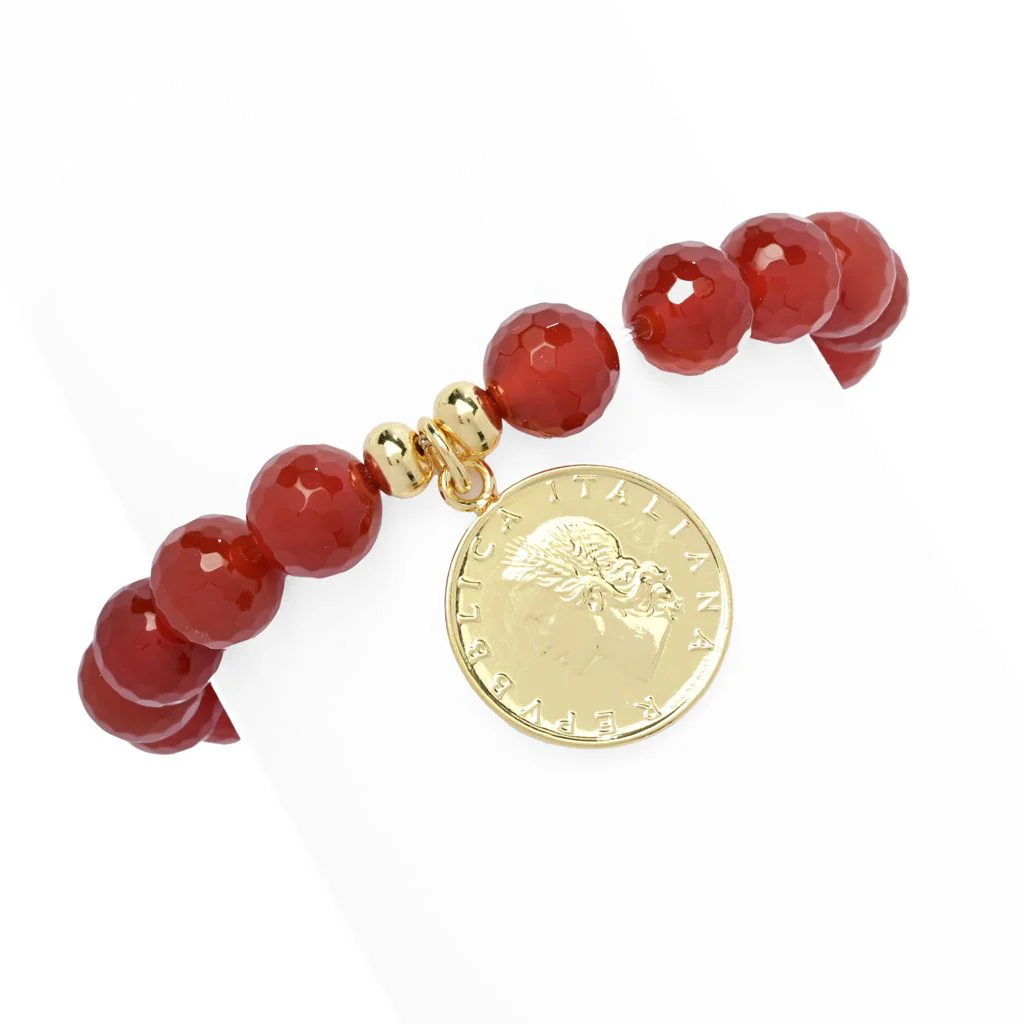 Toscana Italiana 18K Gold Plated 10m Bead Gem & Genuine 20 Lire Stretch Bracelet - Image 4