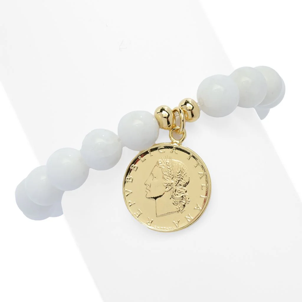 Toscana Italiana 18K Gold Plated 10m Bead Gem & Genuine 20 Lire Stretch Bracelet - Image 5