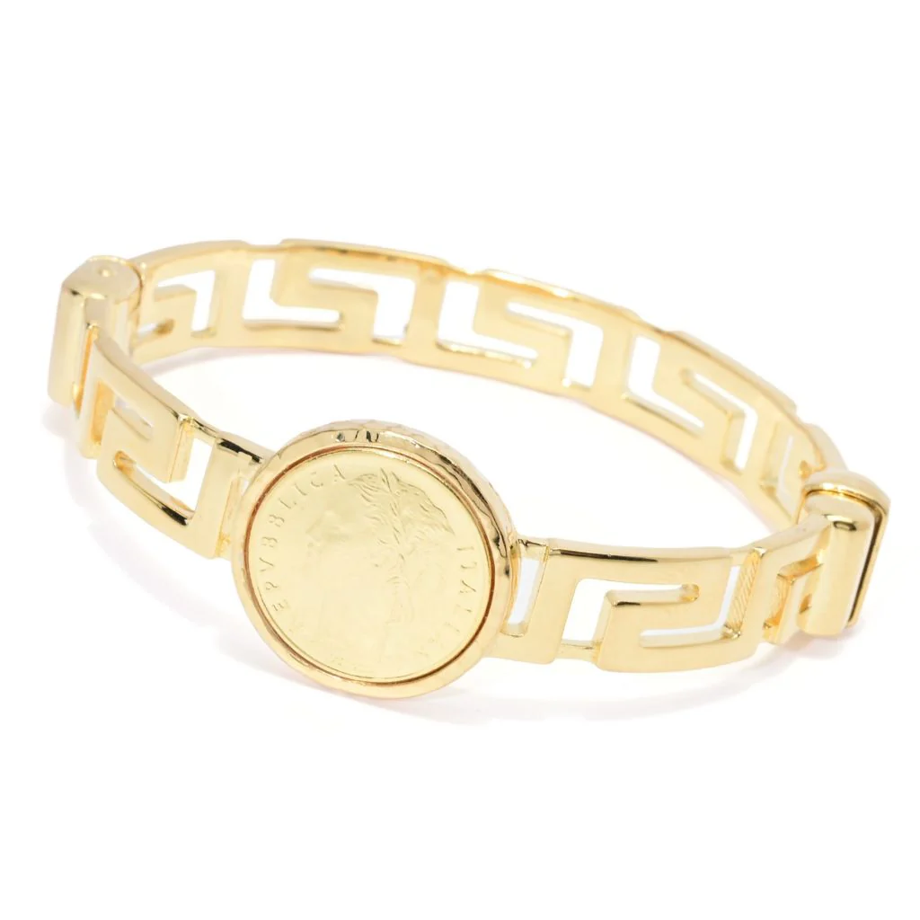 Toscana Italiana 18K Gold Plated Genuine Lira Coin Greek Key Cuff Bracelet - Image 3