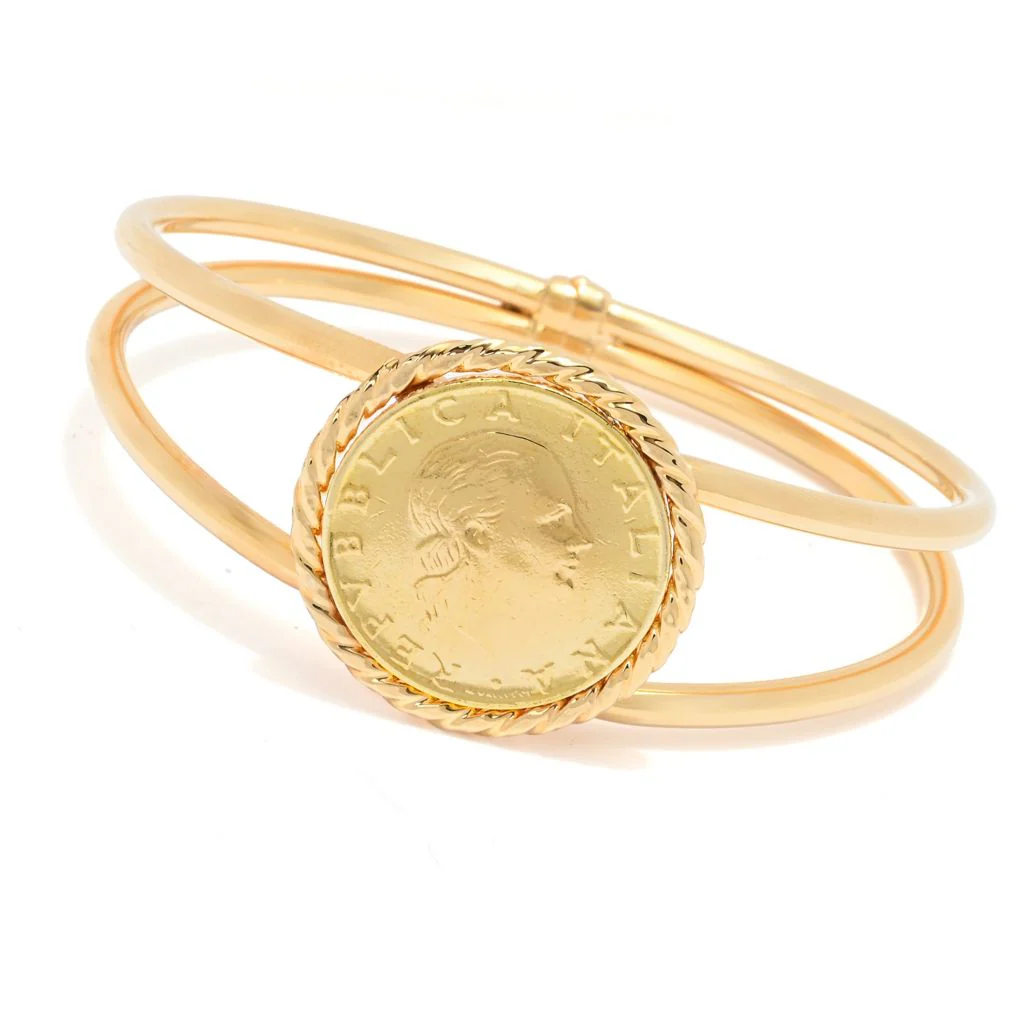 Toscana Italiana 18K Gold Plated Tubing Genuine 200 Lire Coin Bangle Bracelet - Image 3