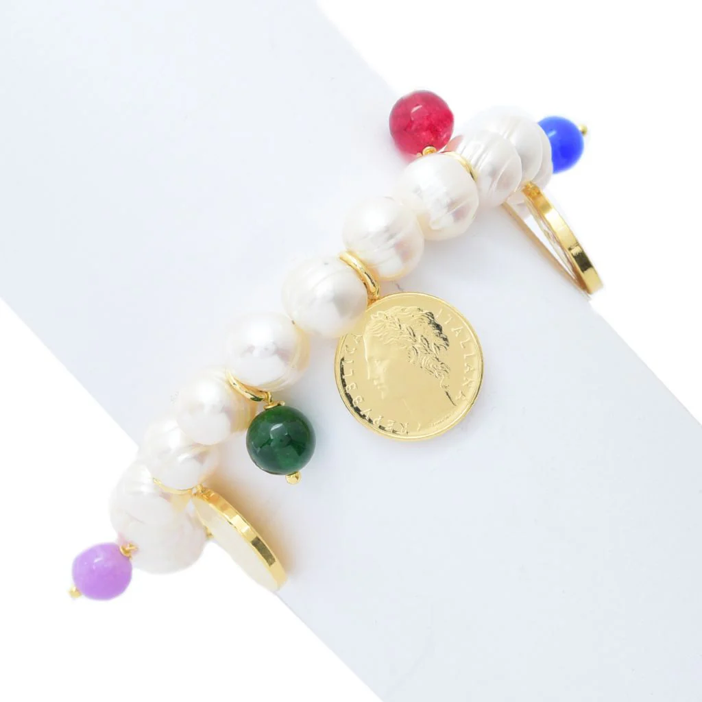 Toscana Italiana Dyed Quartz & Genuine Lira Coin Cultured Pearl Bracelet - Image 3