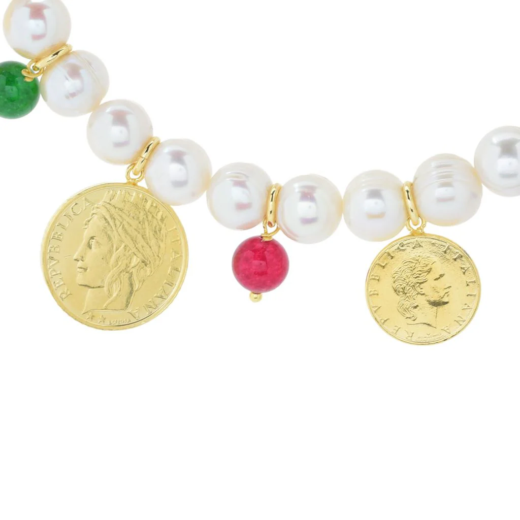 Toscana Italiana Dyed Quartz & Genuine Lira Coin Cultured Pearl Necklace - Image 2