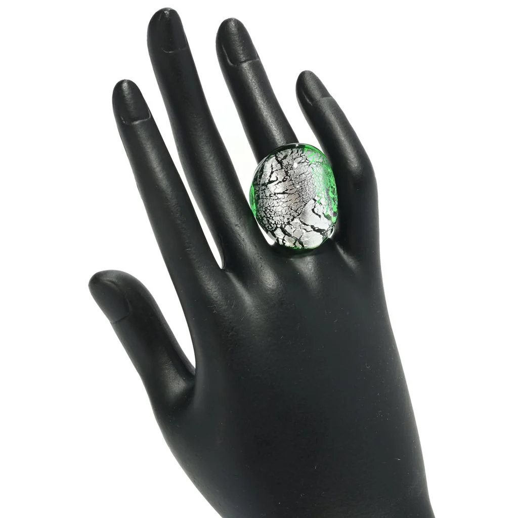 Toscana Italiana Polished Green Murano Glass w/ Silver Flakes Dome Ring - Image 2