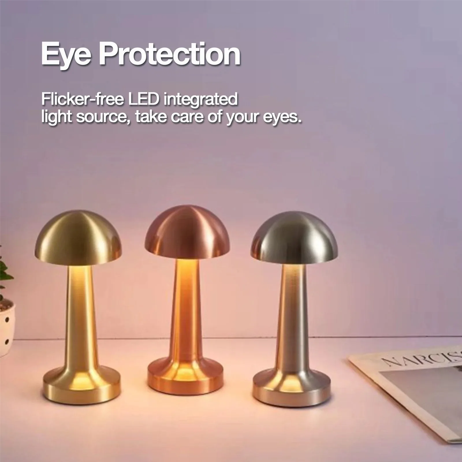 Touch LED Table Lamp 3 Color Modes Rechargeable Mushroom Night Light Desk - Image 2