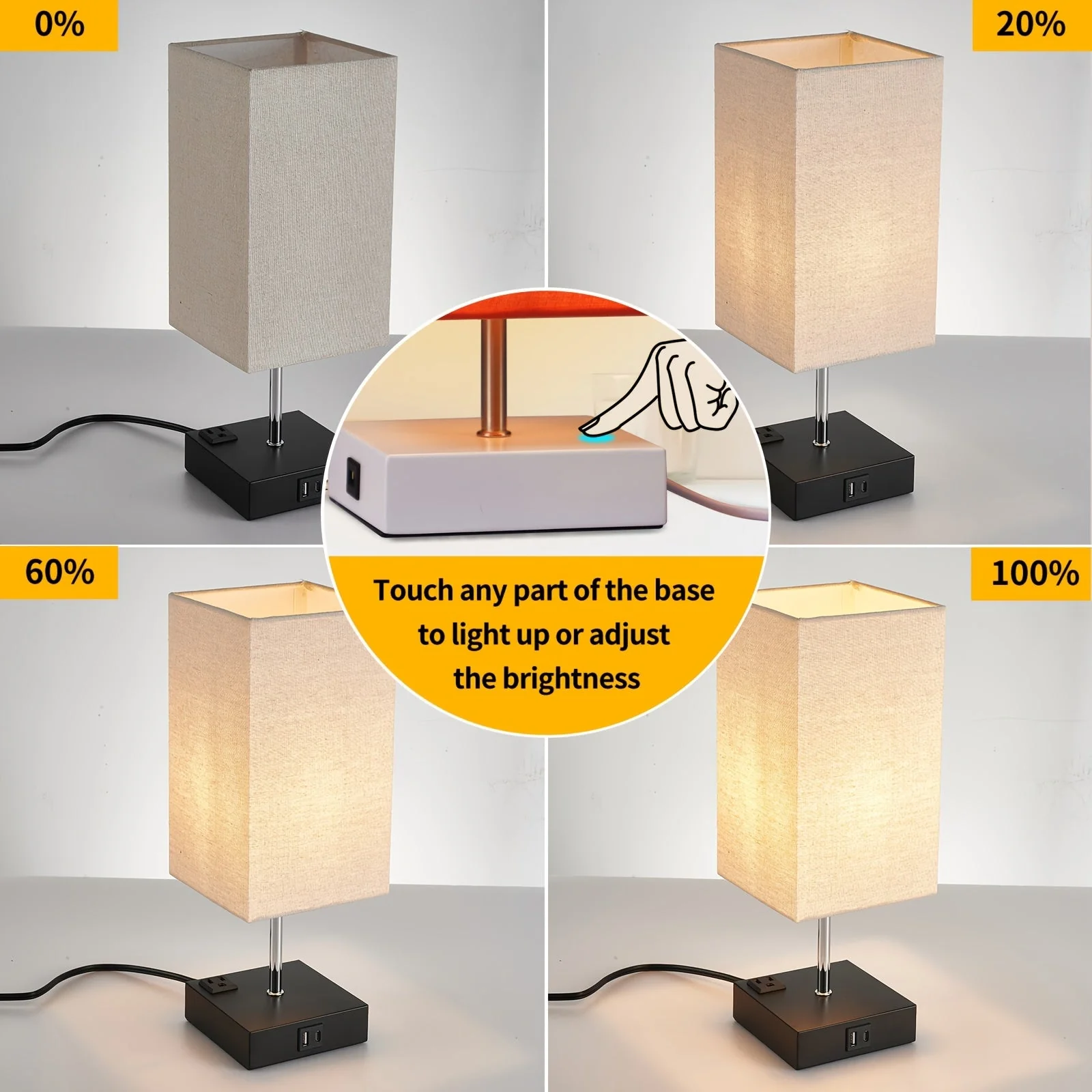 Touch Table Lamp with USB & Outlet – Modern Fabric Shade Bedside Light for Bedroom - Image 15