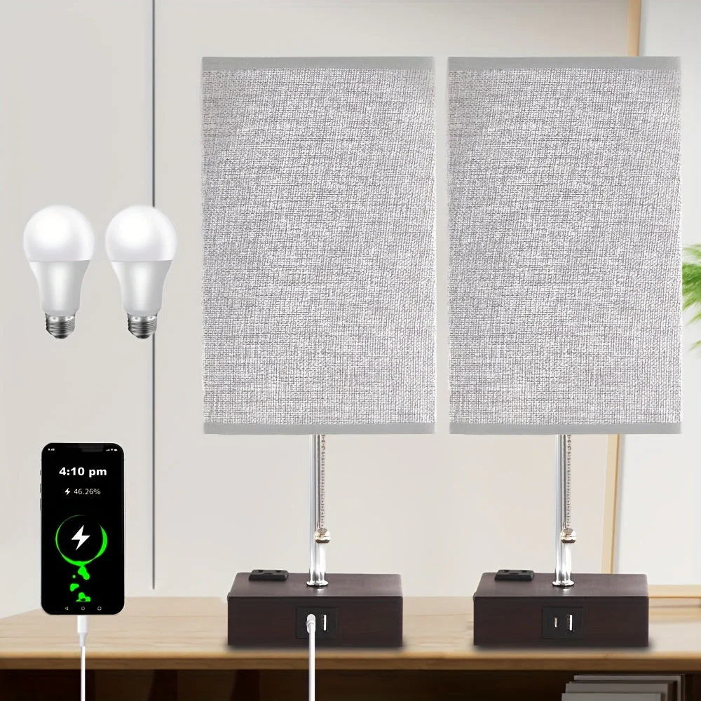 Touch Table Lamp with USB & Outlet – Modern Fabric Shade Bedside Light for Bedroom - Image 2