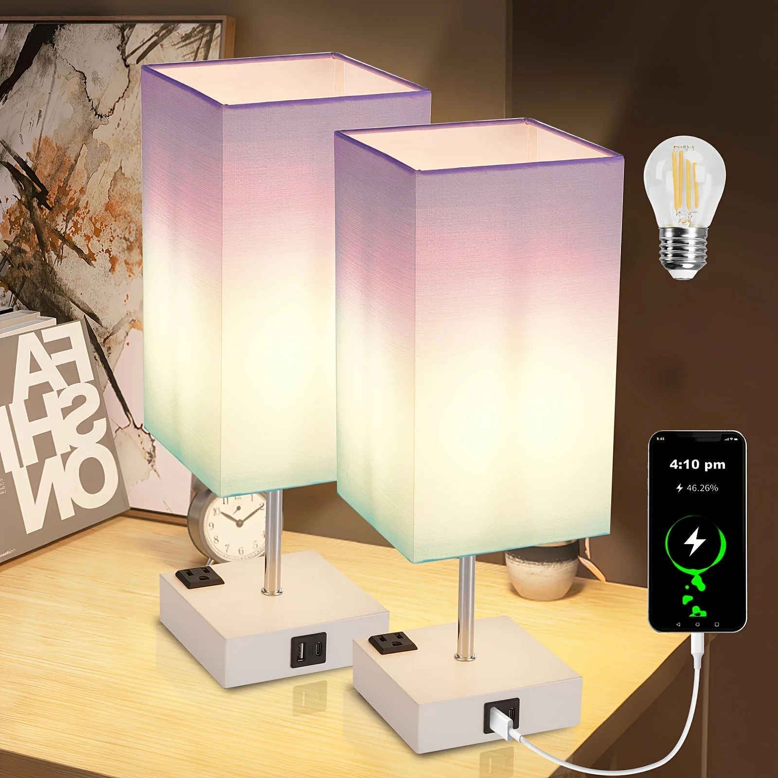 Touch Table Lamp with USB & Outlet – Modern Fabric Shade Bedside Light for Bedroom - Image 21