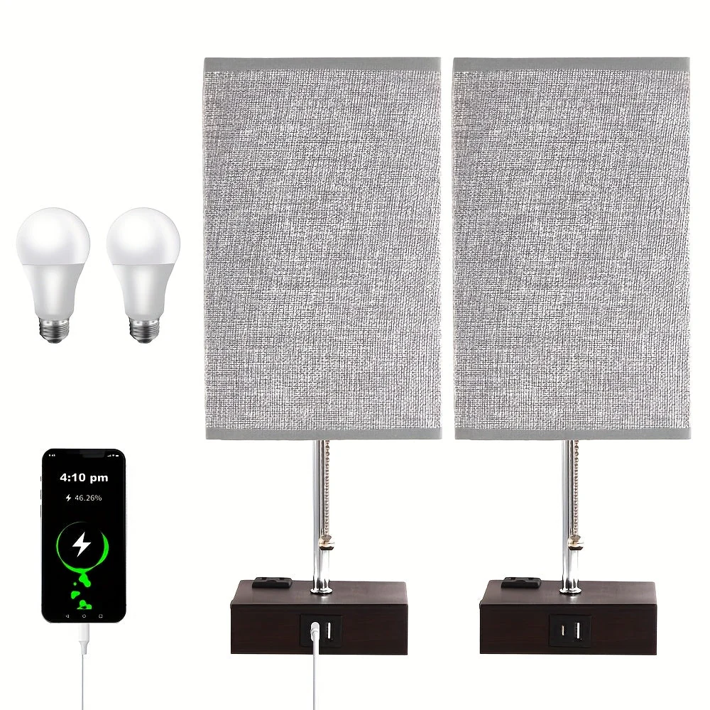 Touch Table Lamp with USB & Outlet – Modern Fabric Shade Bedside Light for Bedroom - Image 4