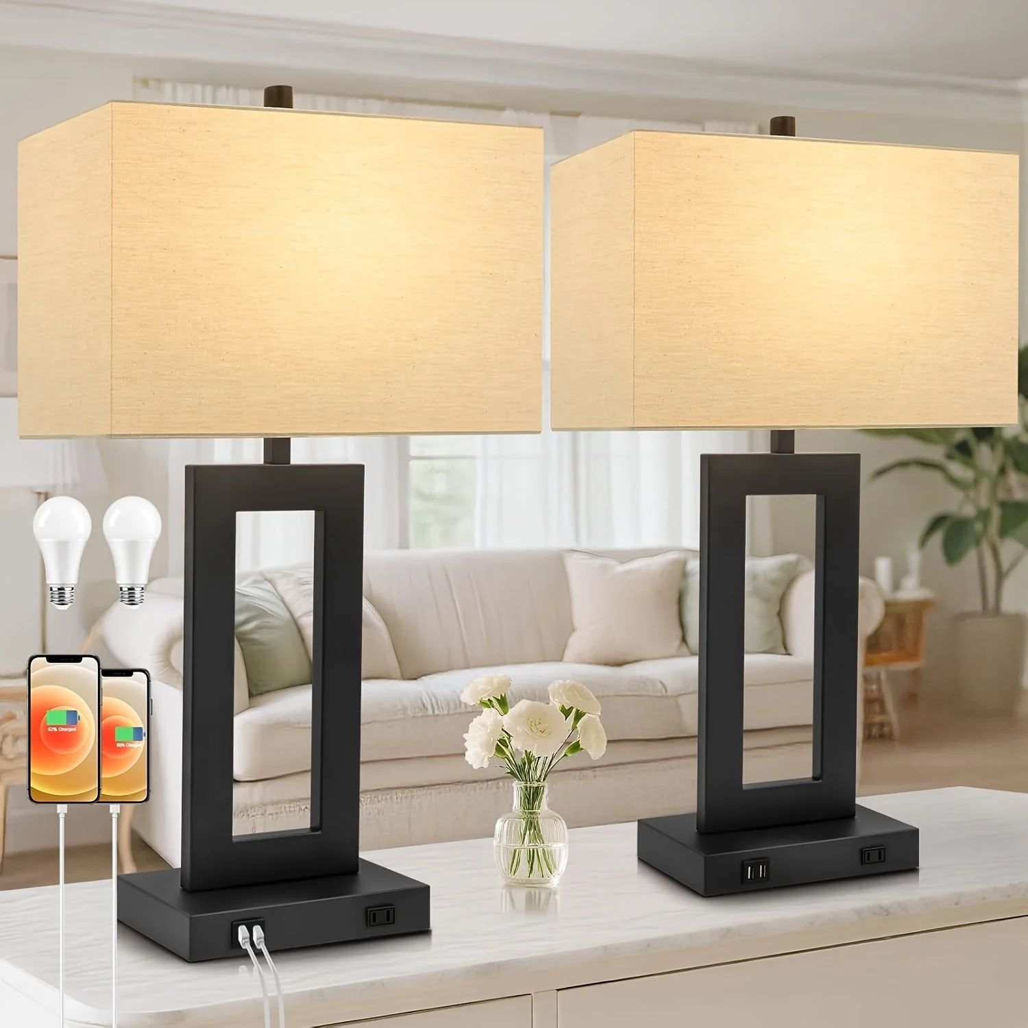 Touch Table Lamps Set of 2, USB, 3-Way Dimmable, Bedside Nightstand Lamp - Image 10