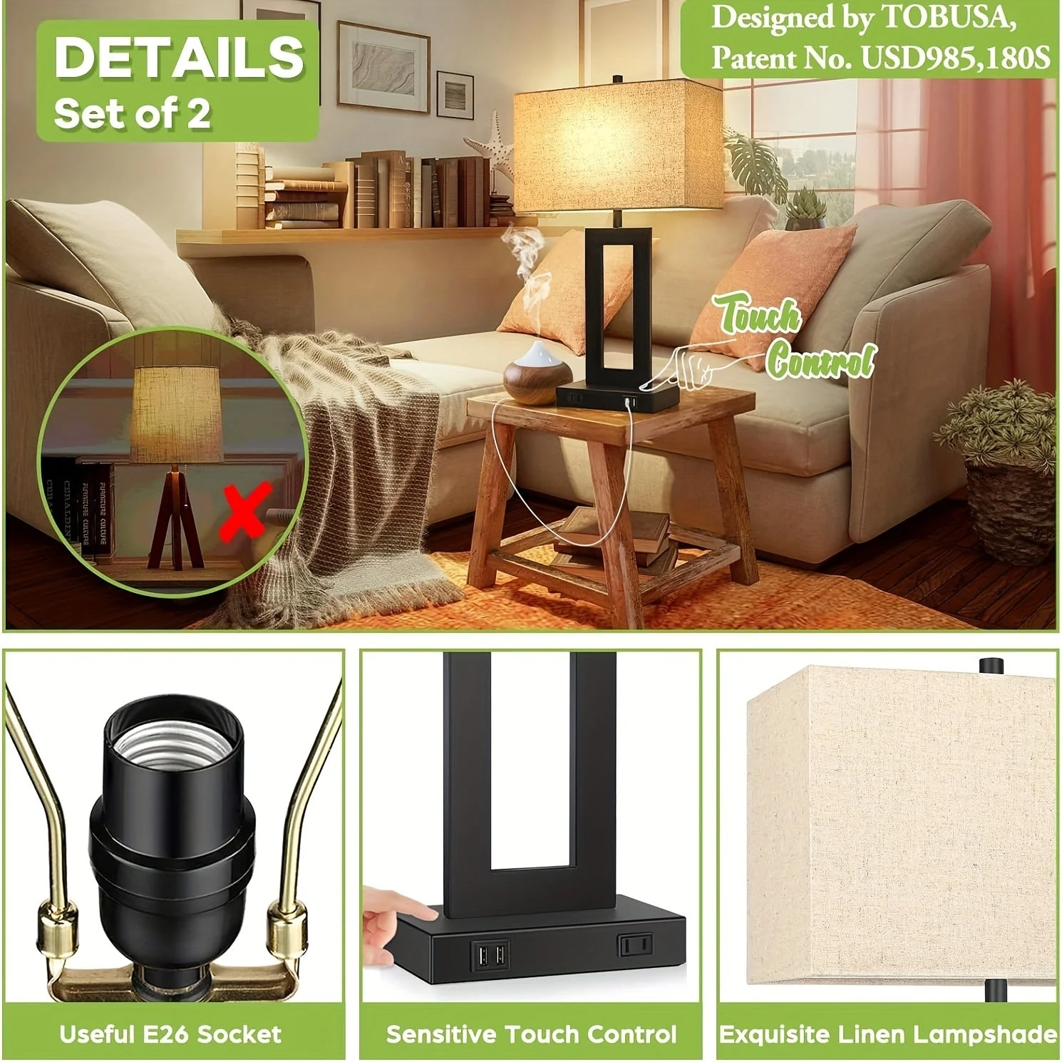 Touch Table Lamps Set of 2, USB, 3-Way Dimmable, Bedside Nightstand Lamp - Image 4