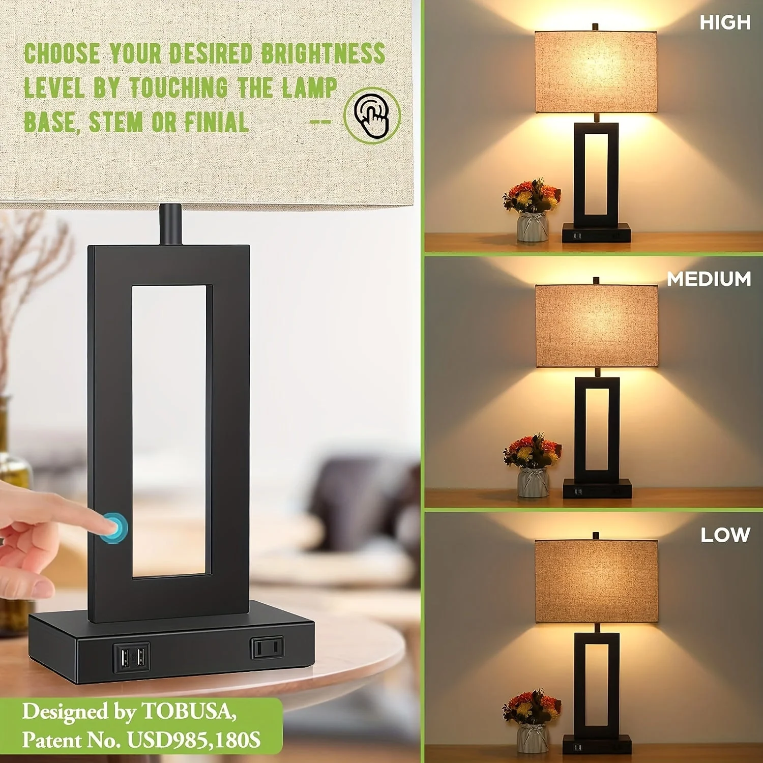 Touch Table Lamps Set of 2, USB, 3-Way Dimmable, Bedside Nightstand Lamp - Image 9