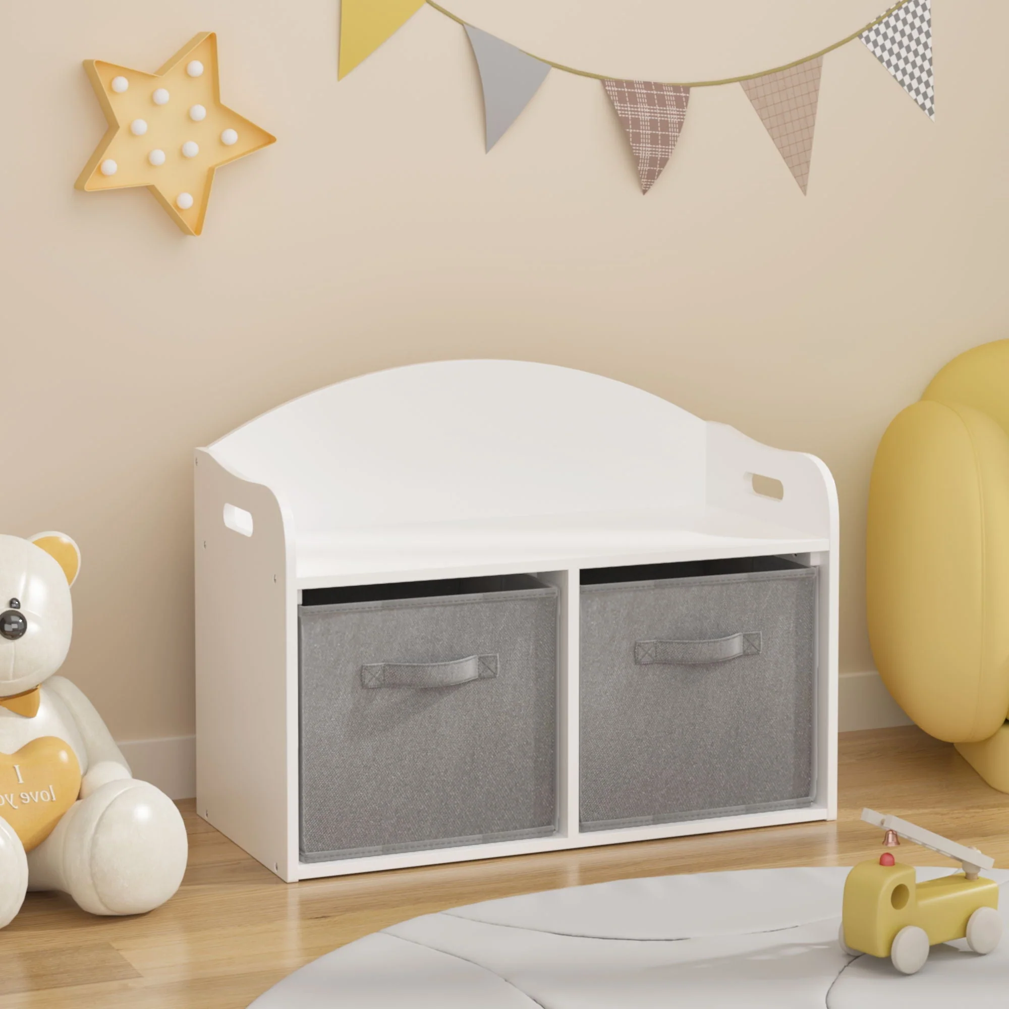 Toy Box Bench With Collapsible Drawers, Storage Cabinet Organizer - White - Image 3