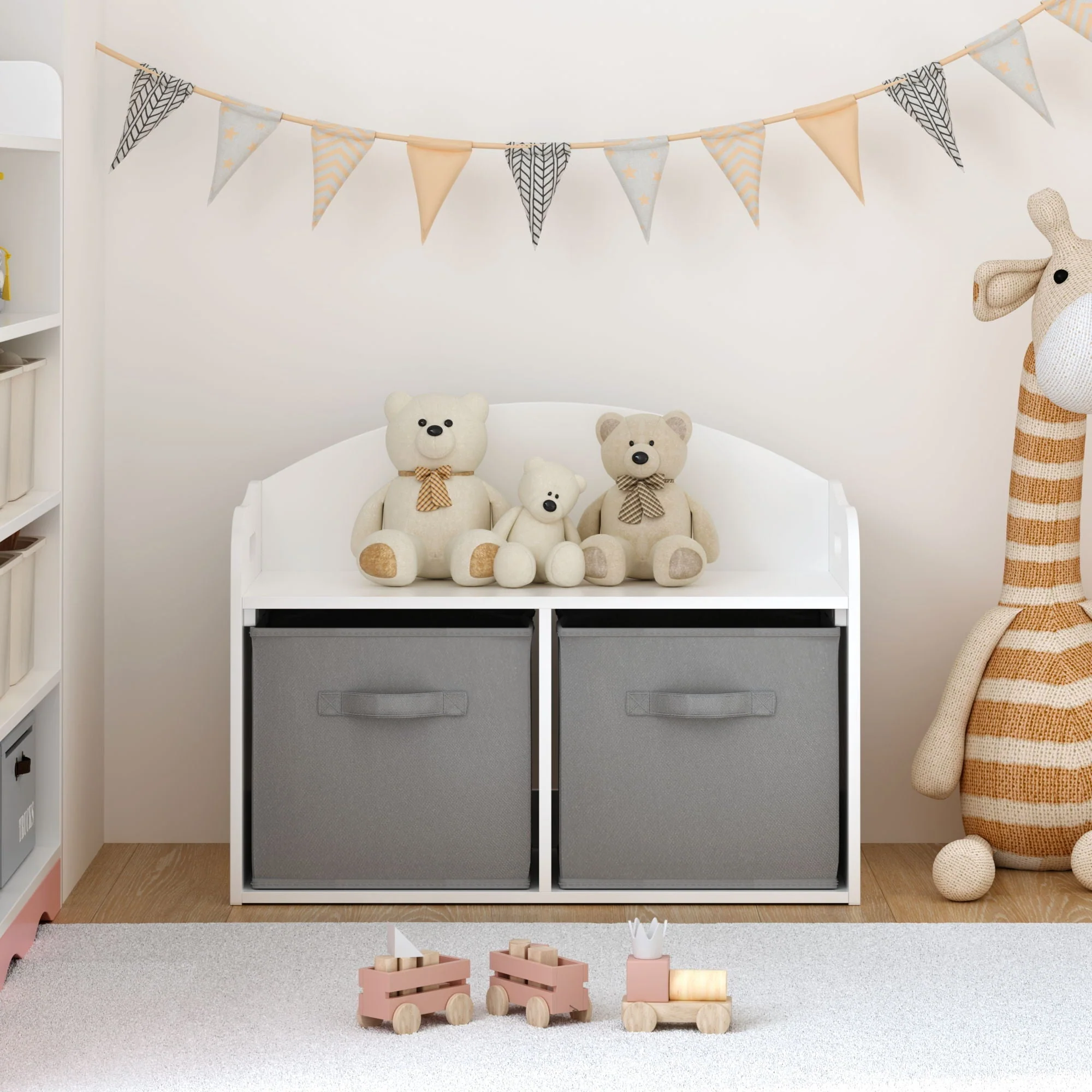 Toy Box Bench With Collapsible Drawers, Storage Cabinet Organizer - White - Image 4
