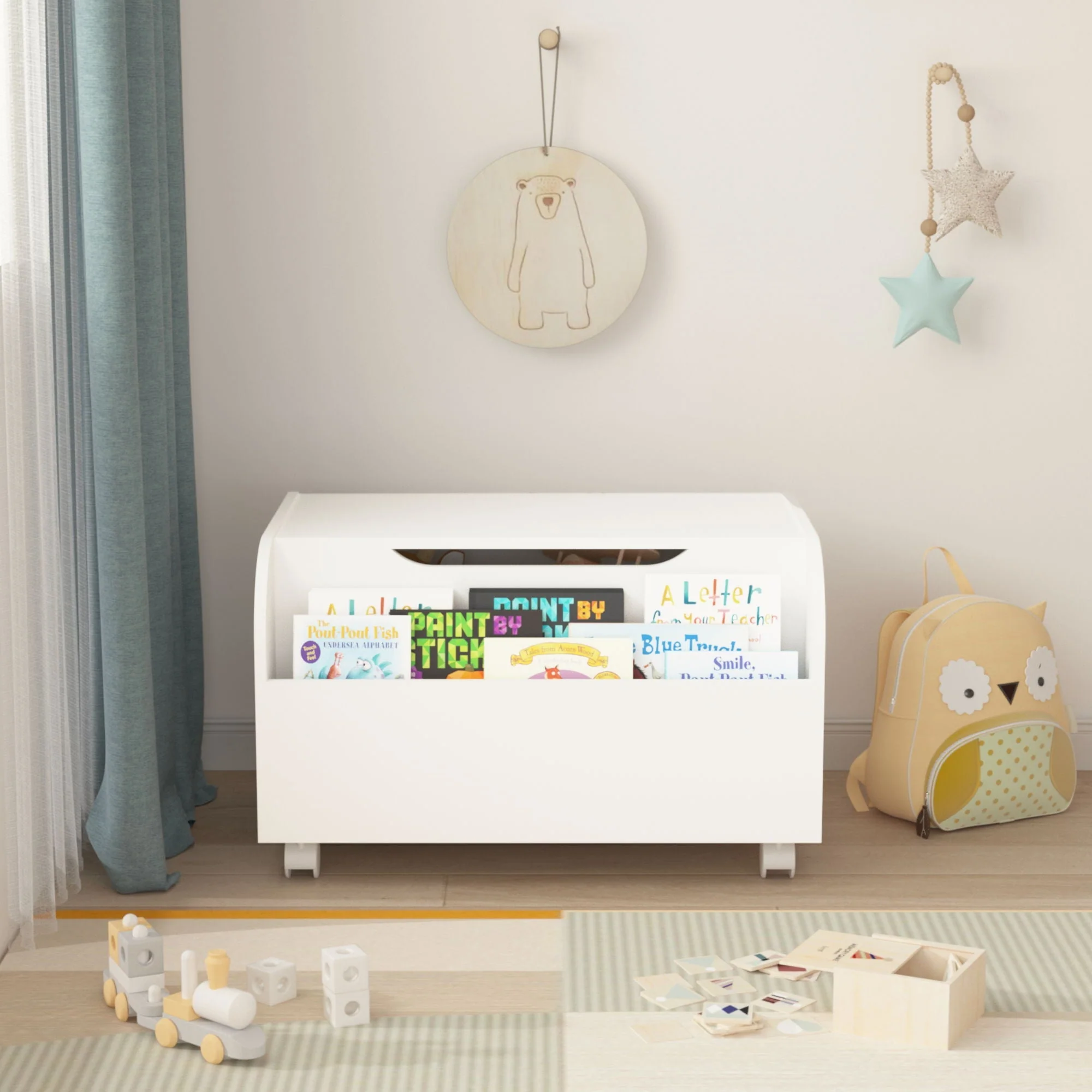 Toy Box With 4 Universal Wheels, Kids Playroom Storage Organizer With Front Bookshelf, Flip Top Lid, Safety Hinge - White - Image 3