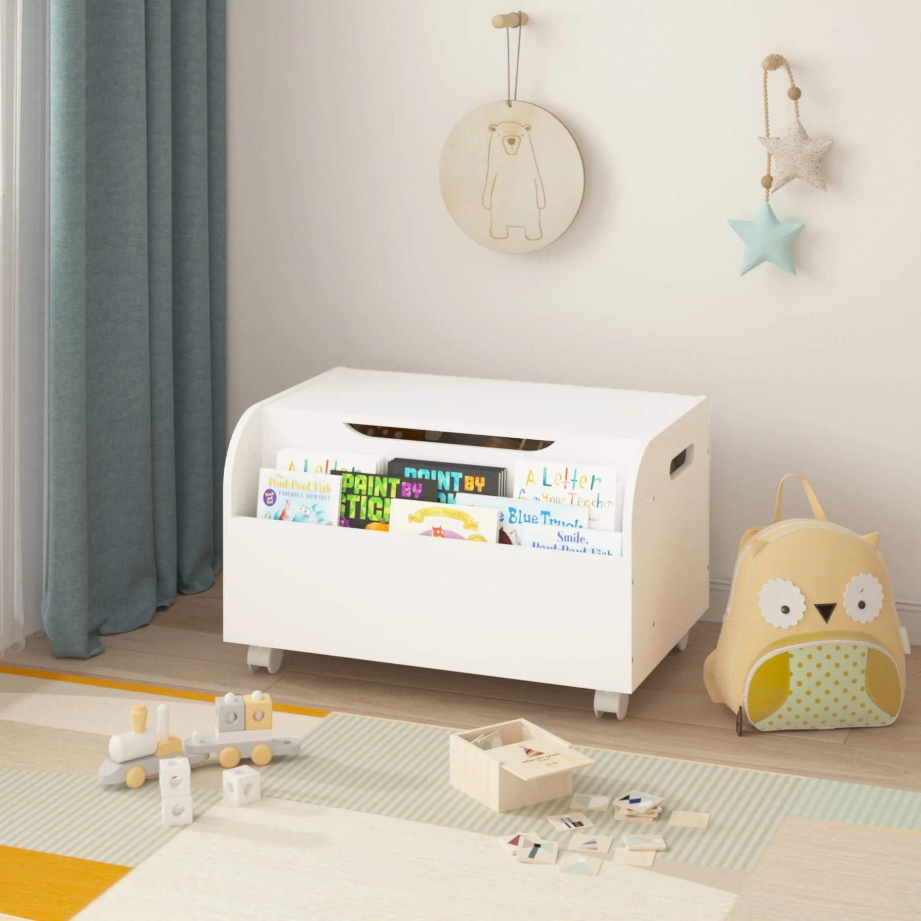 Toy Box With 4 Universal Wheels, Kids Playroom Storage Organizer With Front Bookshelf, Flip Top Lid, Safety Hinge - White - Image 4