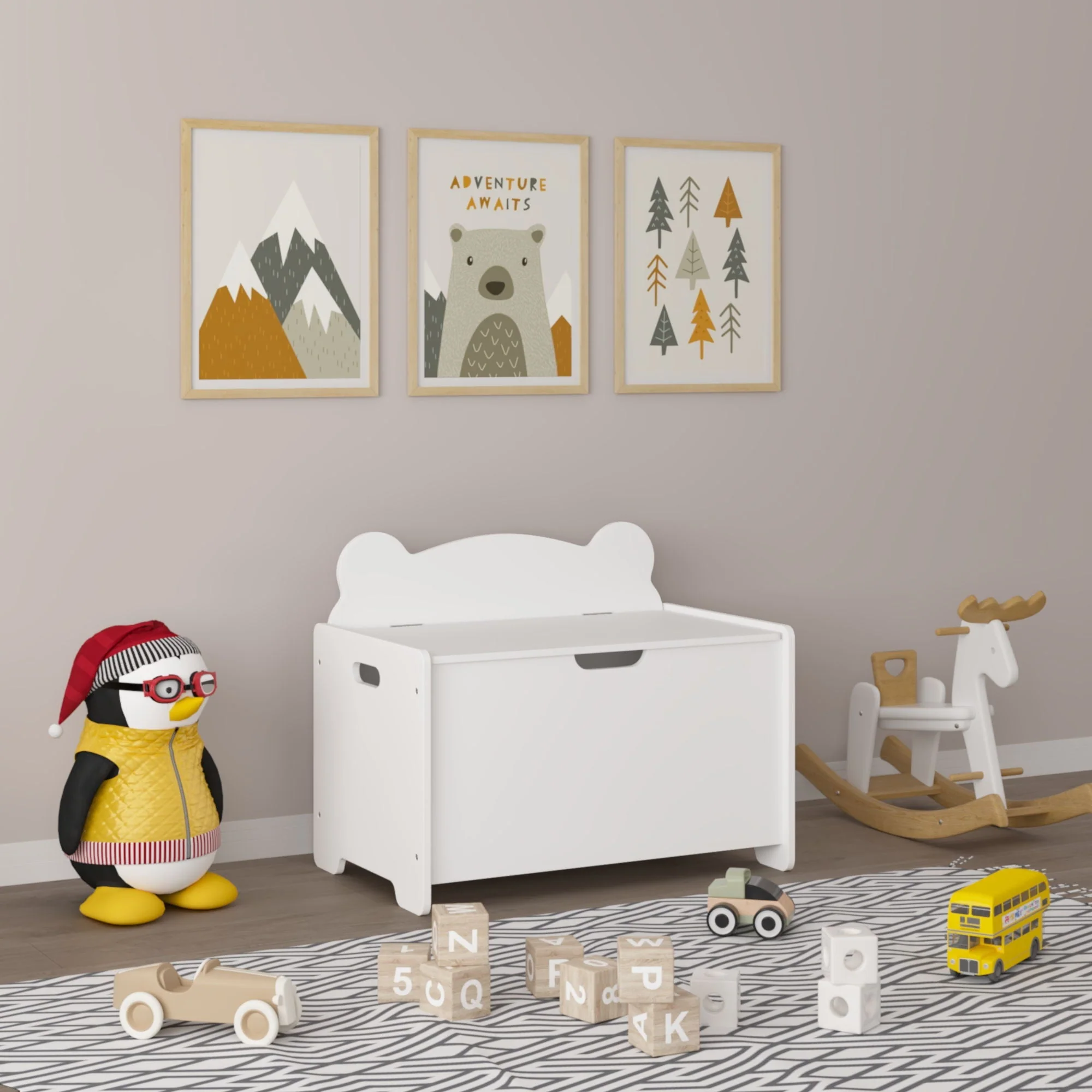 Toy Box With Bear Headboard, Organizer Storage Chest - White - Image 2