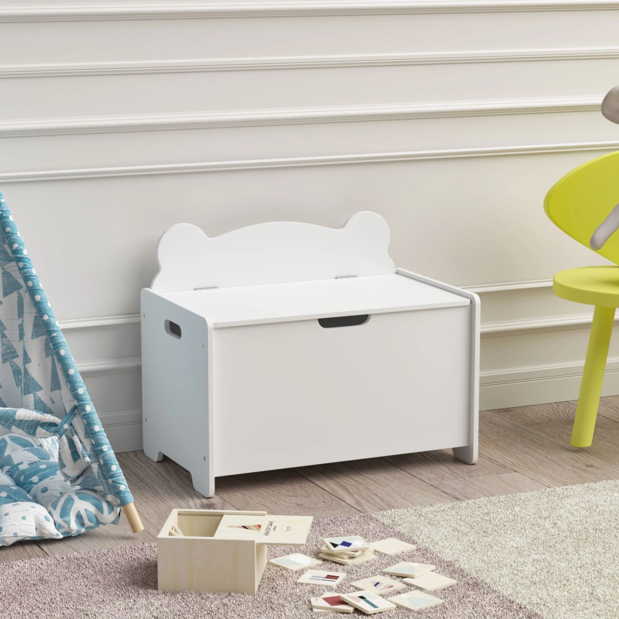 Toy Box With Bear Headboard, Organizer Storage Chest - White - Image 3