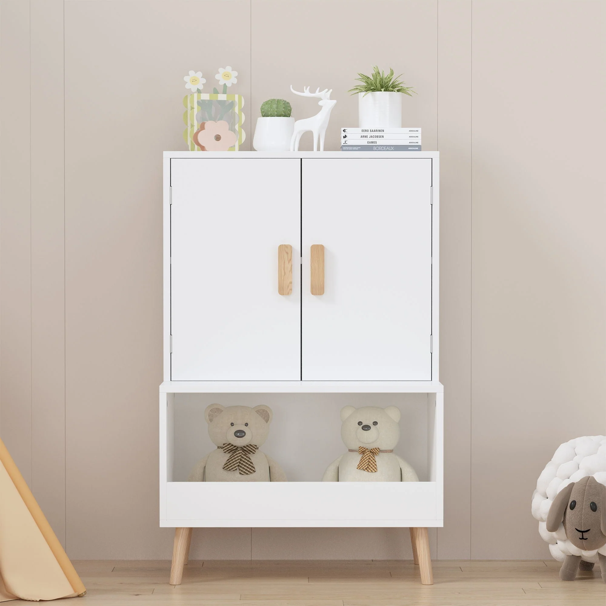 Toy Storage Cabinet With Doors And Open Shelf, Toddler Bookshelf For Playroom - White - Image 2