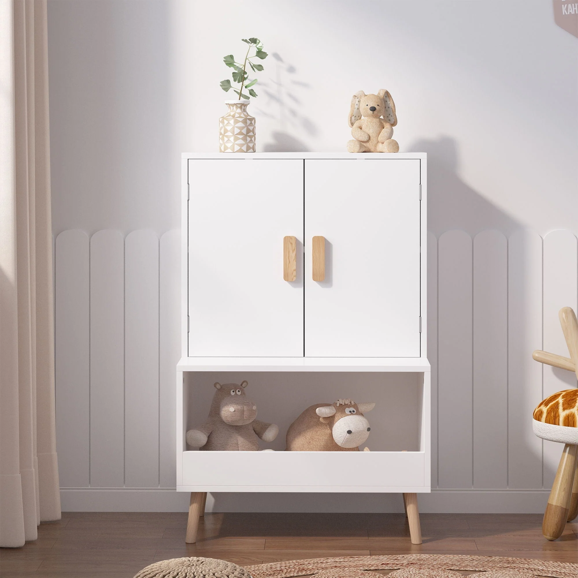 Toy Storage Cabinet With Doors And Open Shelf, Toddler Bookshelf For Playroom - White - Image 4