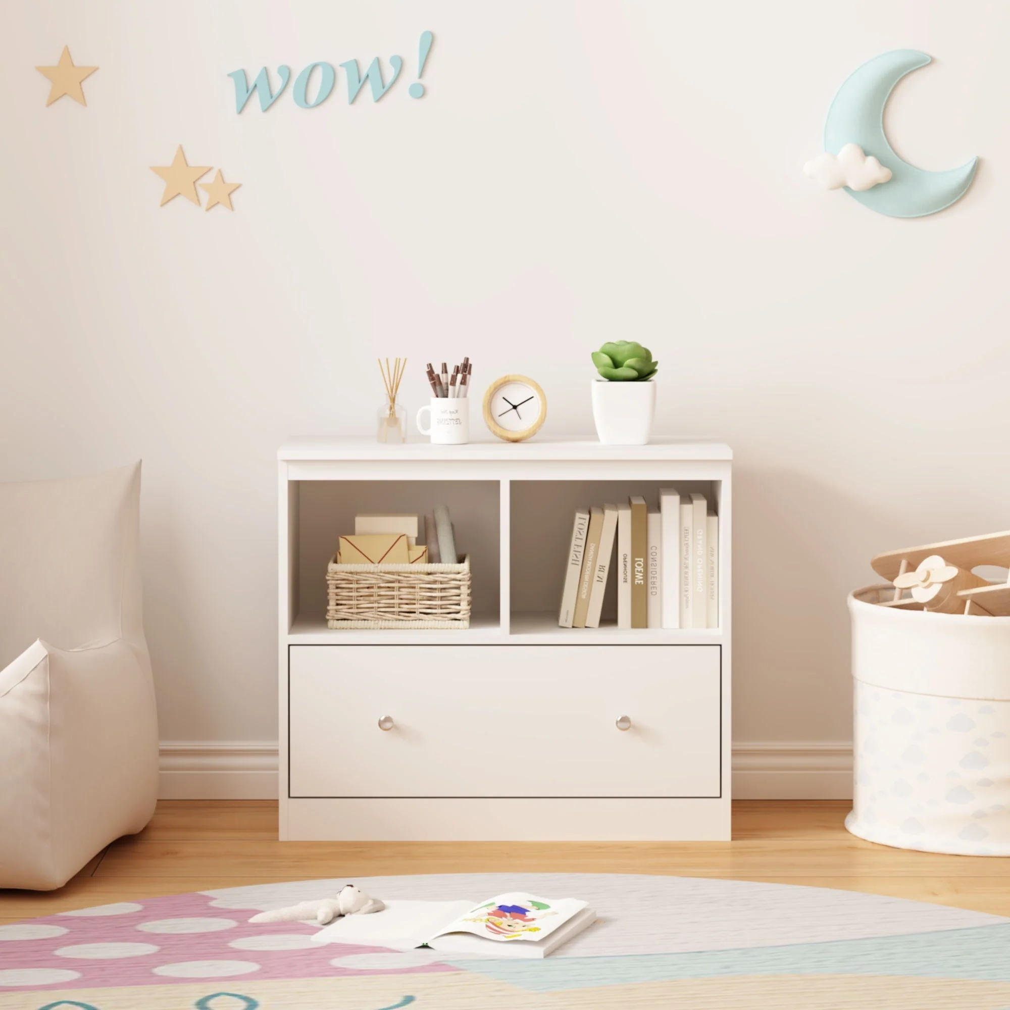 Toy Storage Organizer With Large Drawer And Low Bookshelf For Nursery & Playroom - White - Image 2
