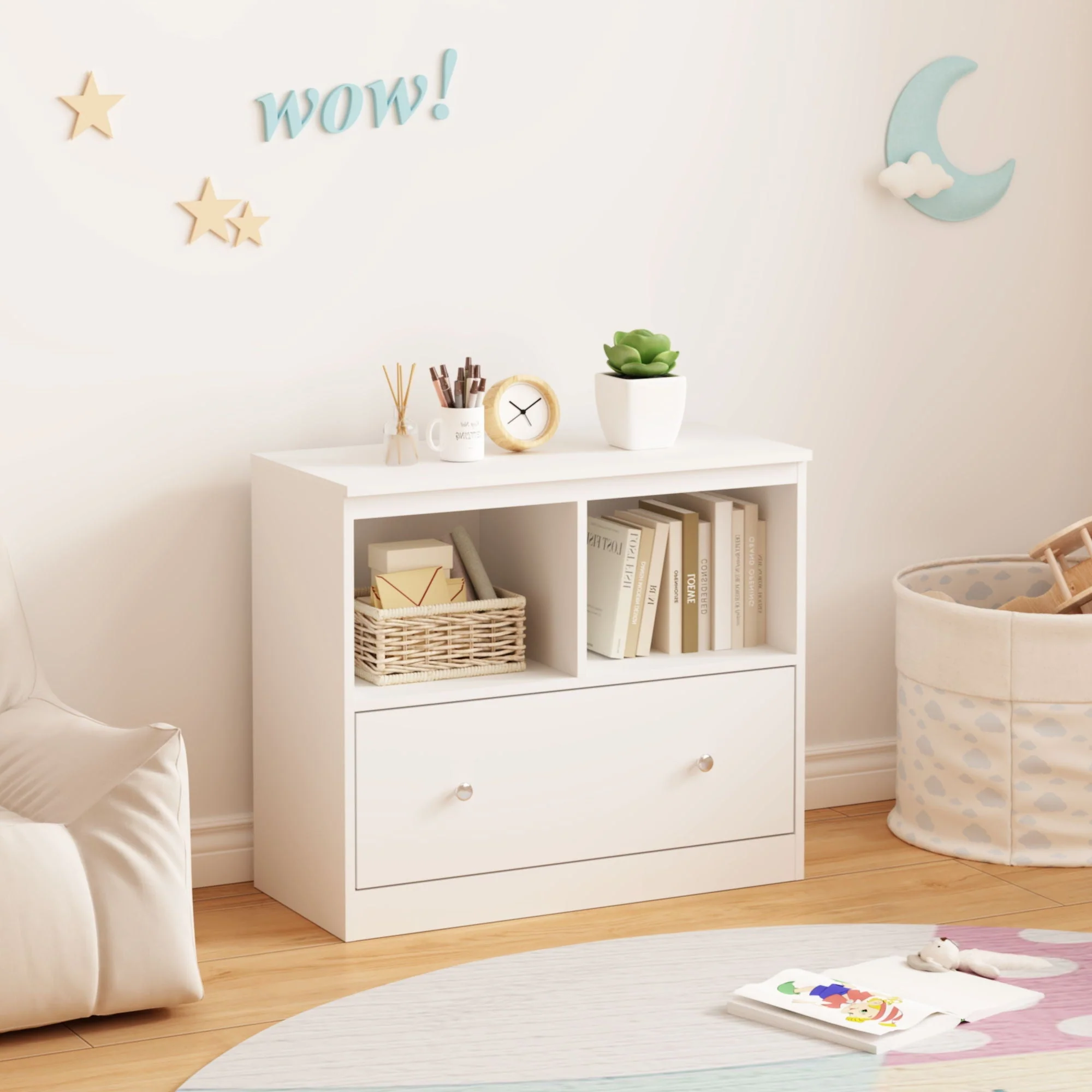 Toy Storage Organizer With Large Drawer And Low Bookshelf For Nursery & Playroom - White - Image 3