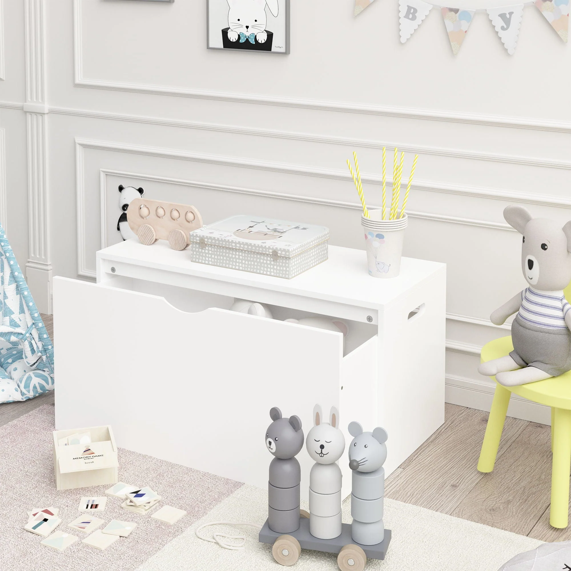 Toy Storage Organizer With Rolling Drawer, Chest With Wheels, Large Pull Out Bin For Nursery - White - Image 2