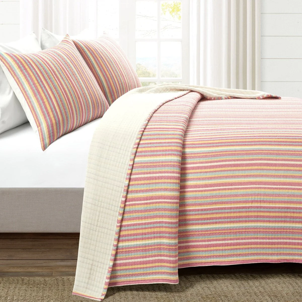 Tracy Stripe Pick Stitch Kantha Yarn Dyed Cotton Woven Quilt/Coverlet Set - Image 2