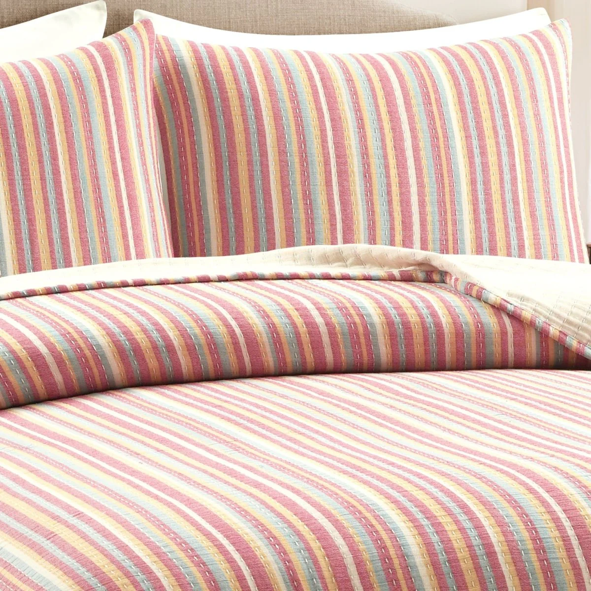 Tracy Stripe Pick Stitch Kantha Yarn Dyed Cotton Woven Quilt/Coverlet Set - Image 3