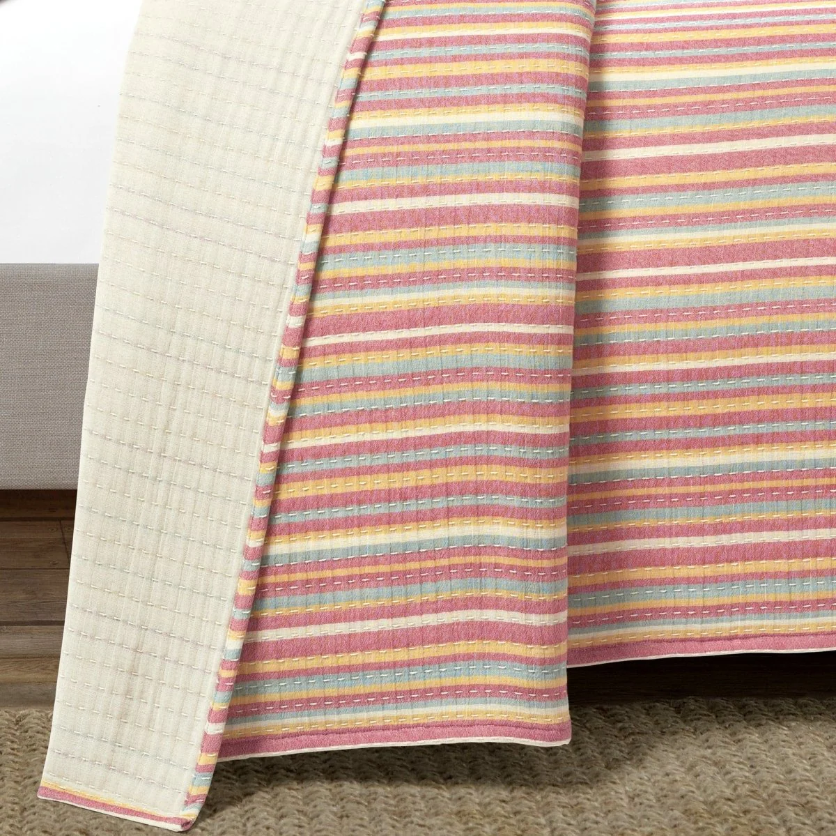 Tracy Stripe Pick Stitch Kantha Yarn Dyed Cotton Woven Quilt/Coverlet Set - Image 4