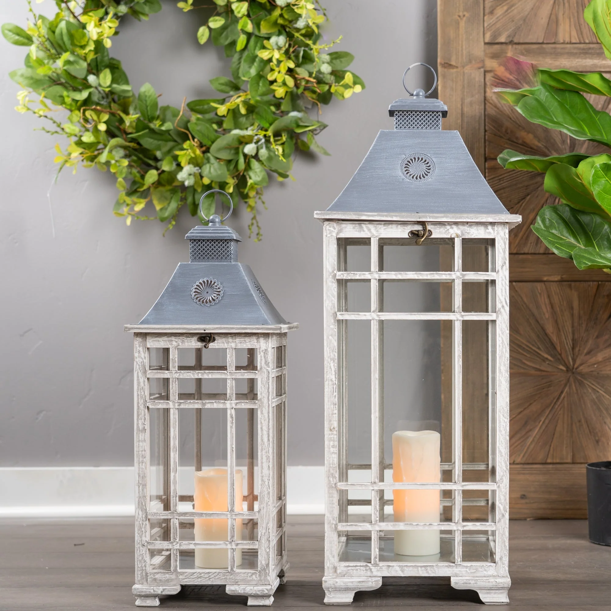 Traditional Farmhouse Lantern with Metal Lid (Set of 2) - Image 2
