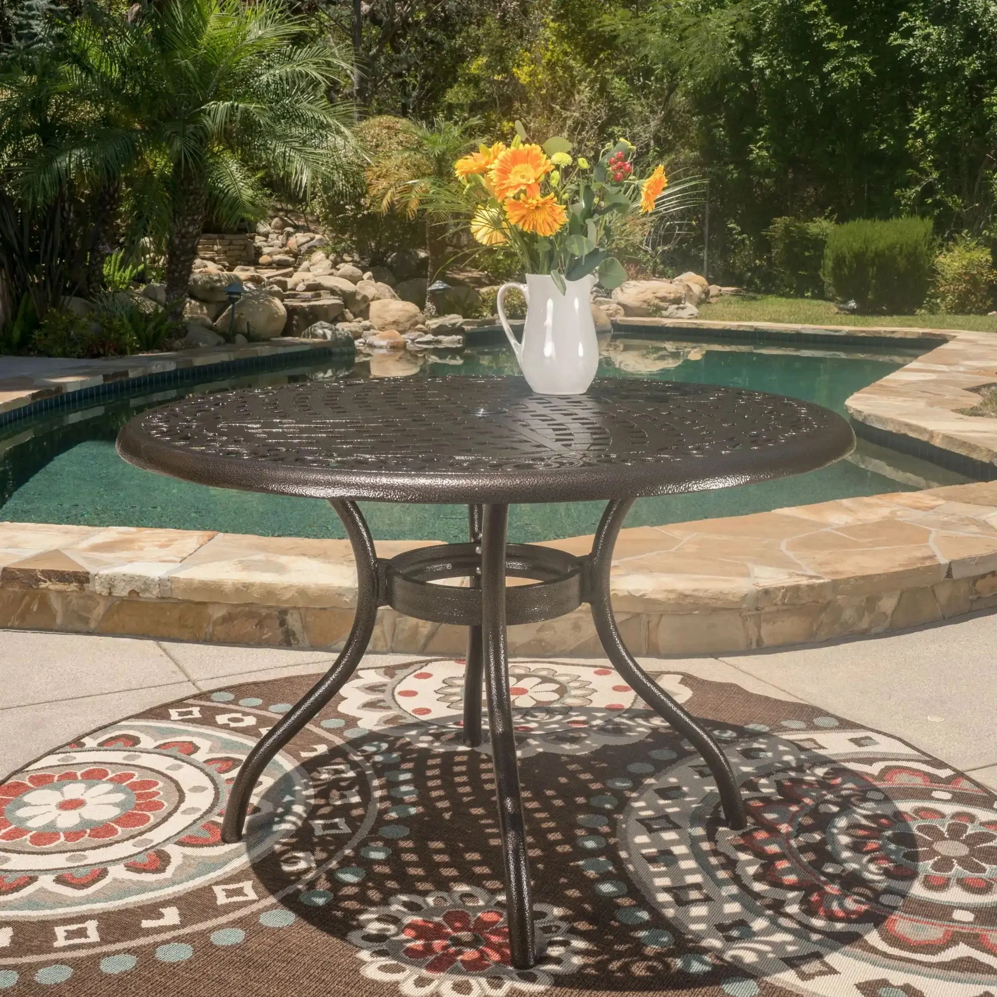 Tranquilius - Outdoor Round Dining Table With Lattice Tabletop, Umbrella Hole And Curved Legs - Image 3