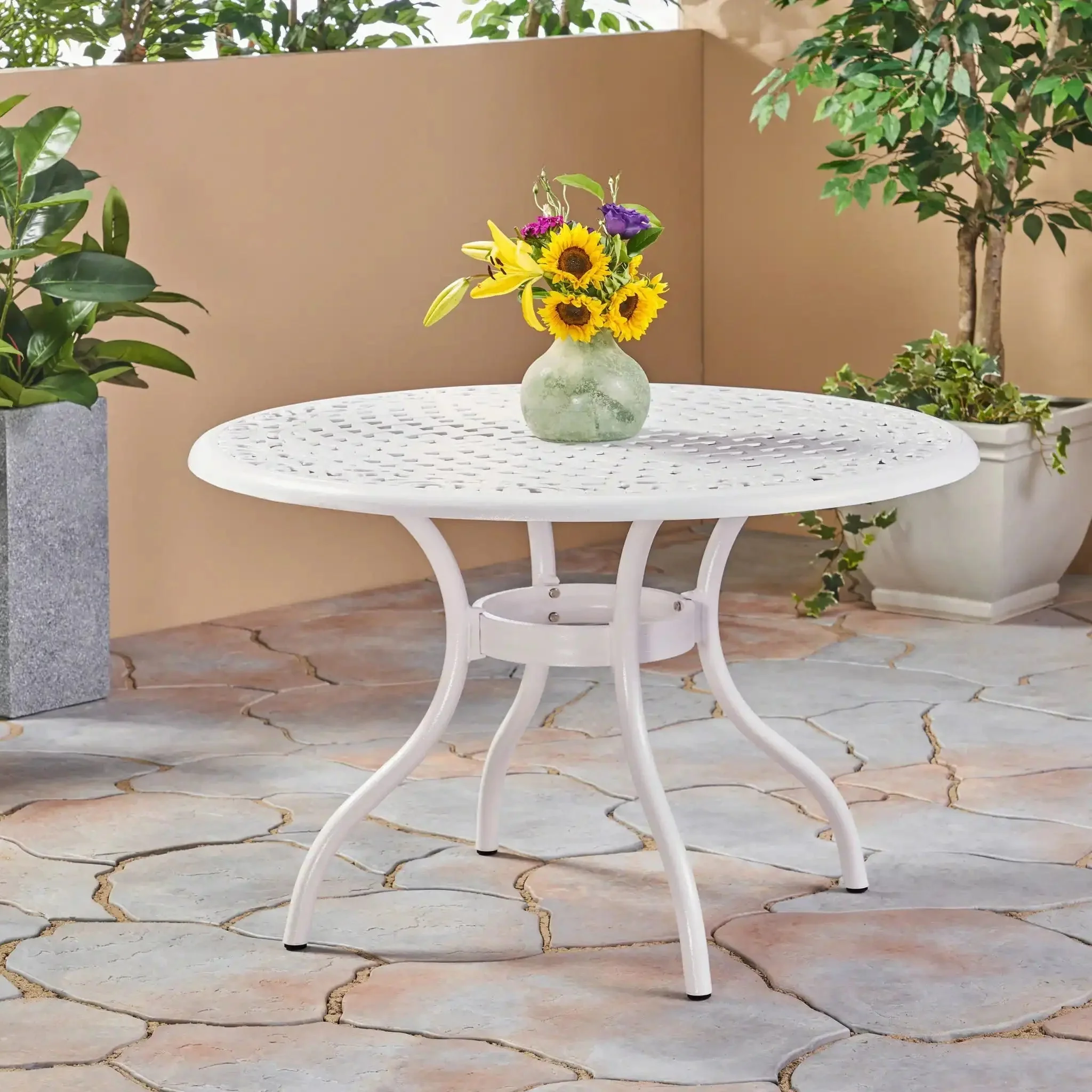 Tranquilius - Outdoor Round Dining Table With Lattice Tabletop, Umbrella Hole And Curved Legs - Image 5