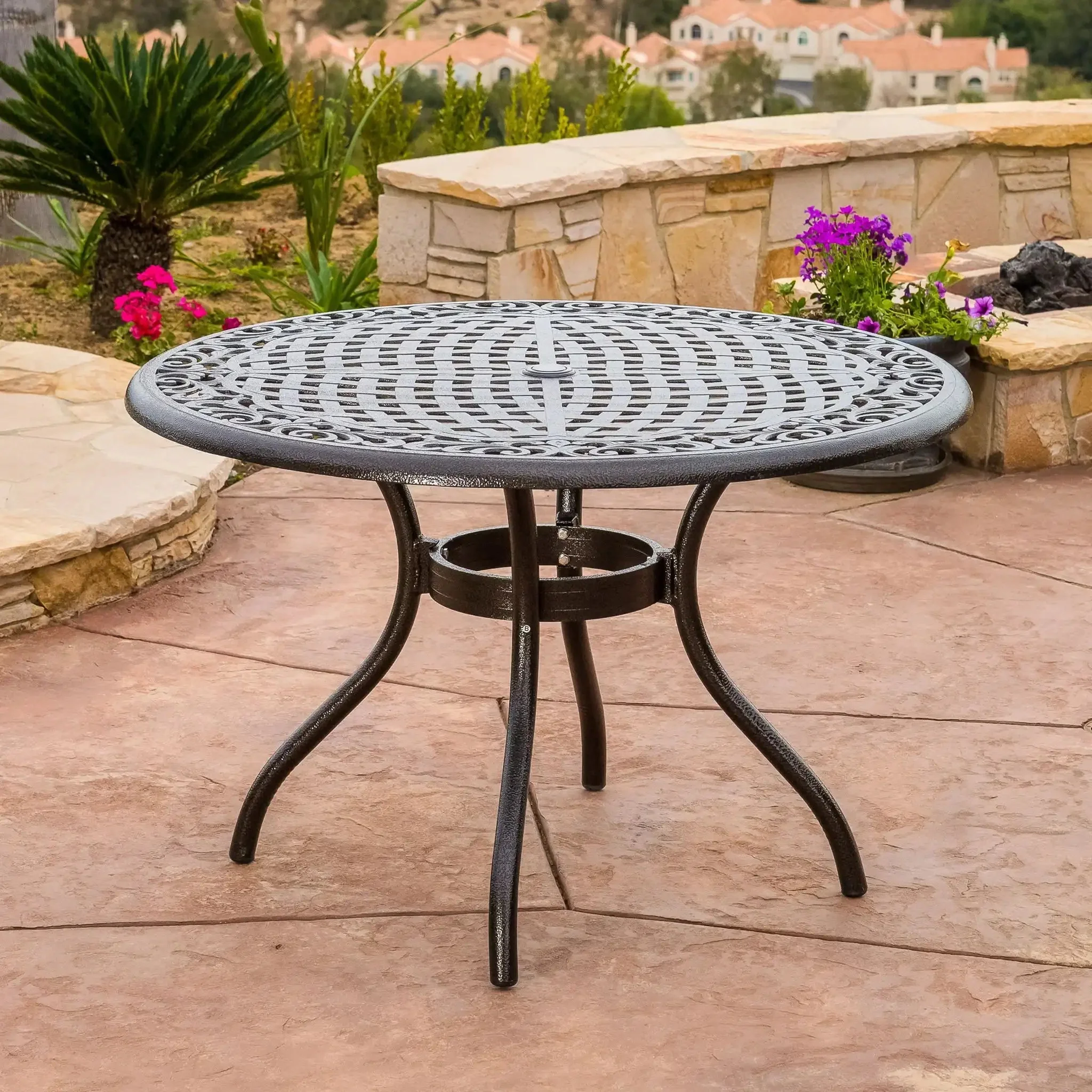 Tranquilius - Outdoor Round Dining Table With Lattice Tabletop, Umbrella Hole And Curved Legs - Image 7