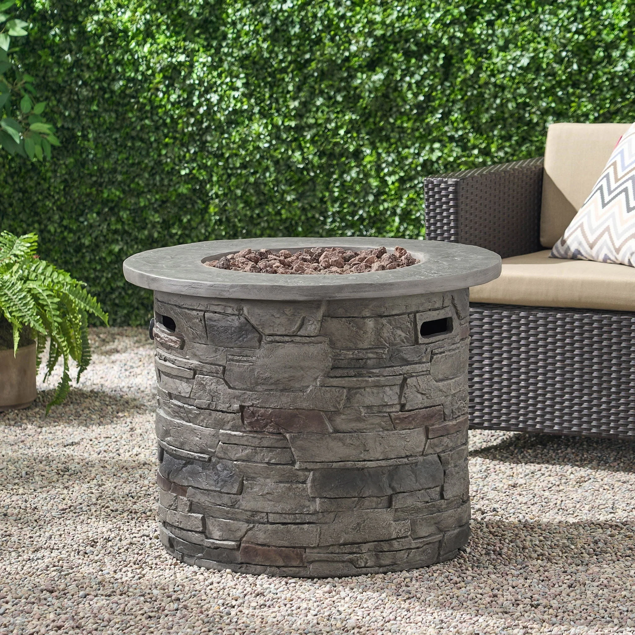 Transitional Outdoor 32" Round Propane Fire Pit Table, Lightweight Concrete Construction - Stone Gray - Image 2