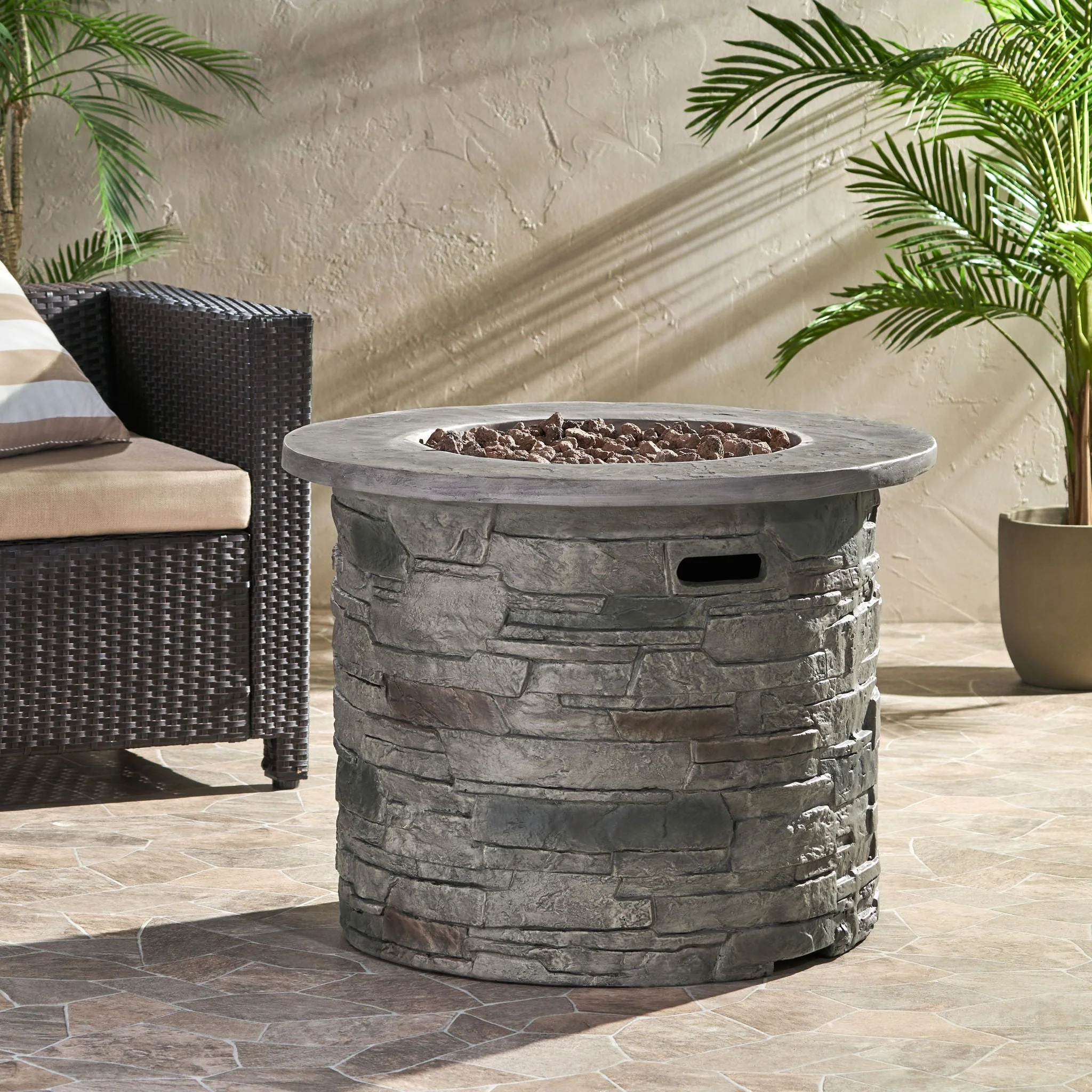 Transitional Outdoor 32" Round Propane Fire Pit Table, Lightweight Concrete Construction - Stone Gray - Image 3