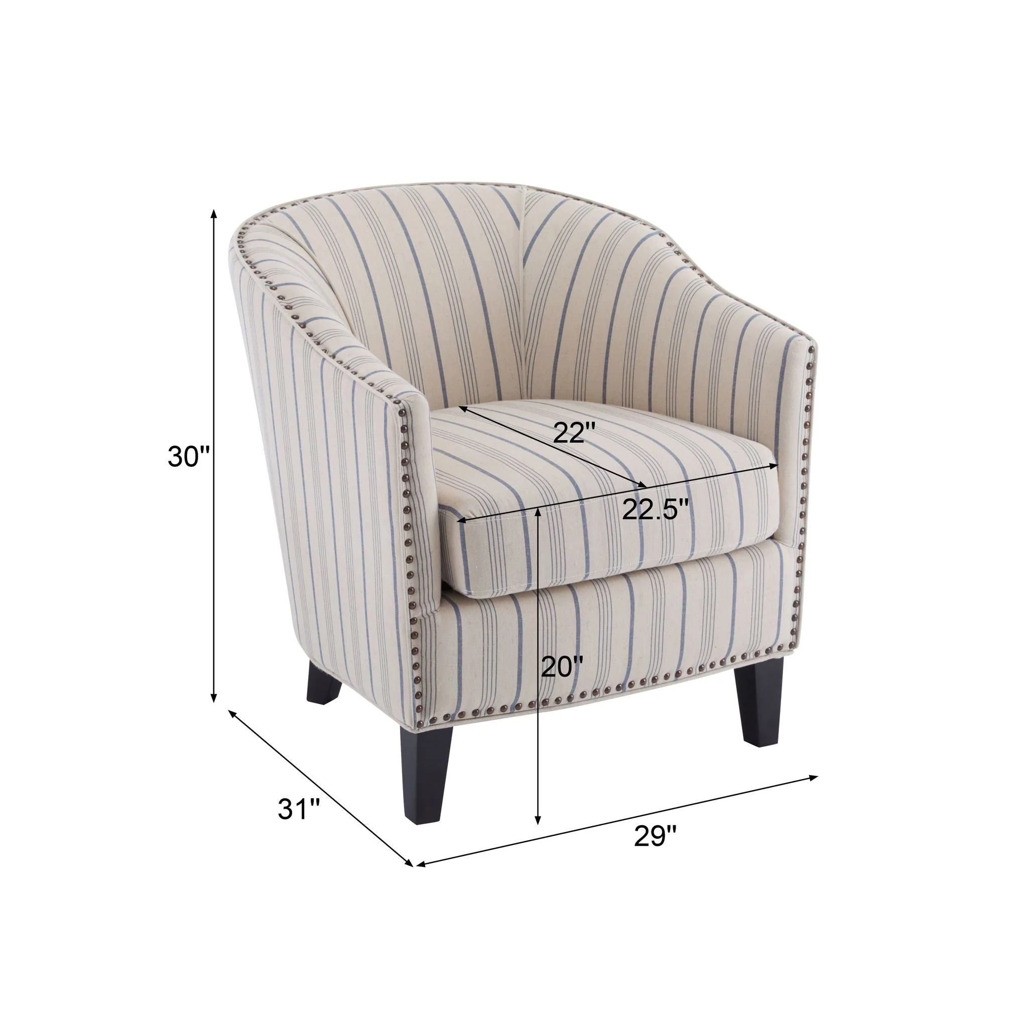 Transitional Upholstered Stripe Barrel Chair With Birch Wood Legs And Plush Cushioned Seat - Beige / Blue Stripe - Image 2