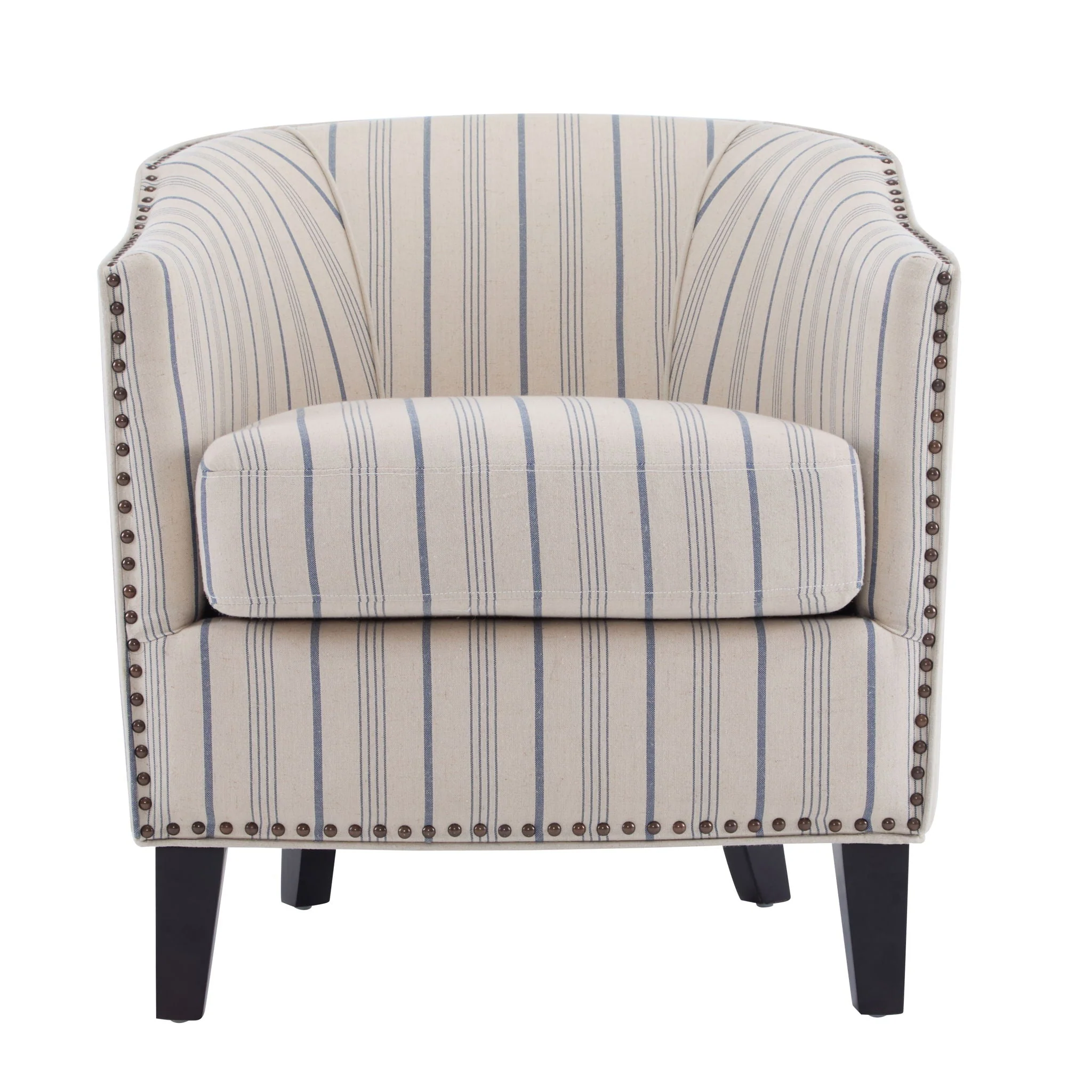 Transitional Upholstered Stripe Barrel Chair With Birch Wood Legs And Plush Cushioned Seat - Beige / Blue Stripe - Image 3