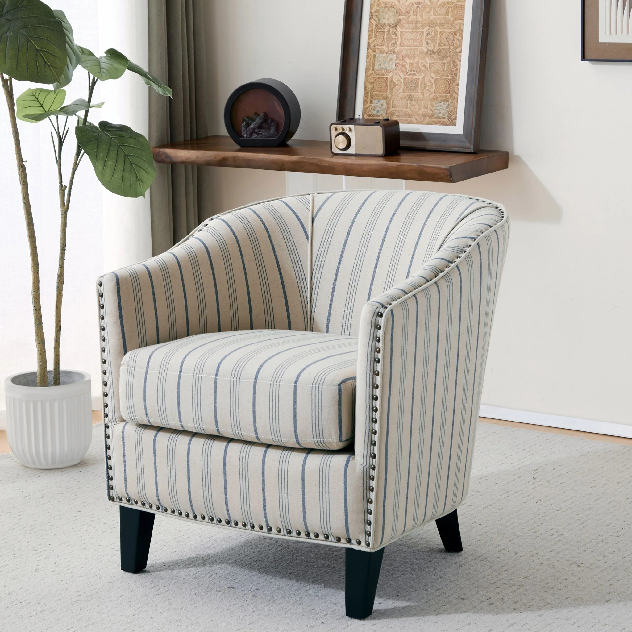 Transitional Upholstered Stripe Barrel Chair With Birch Wood Legs And Plush Cushioned Seat - Beige / Blue Stripe - Image 4