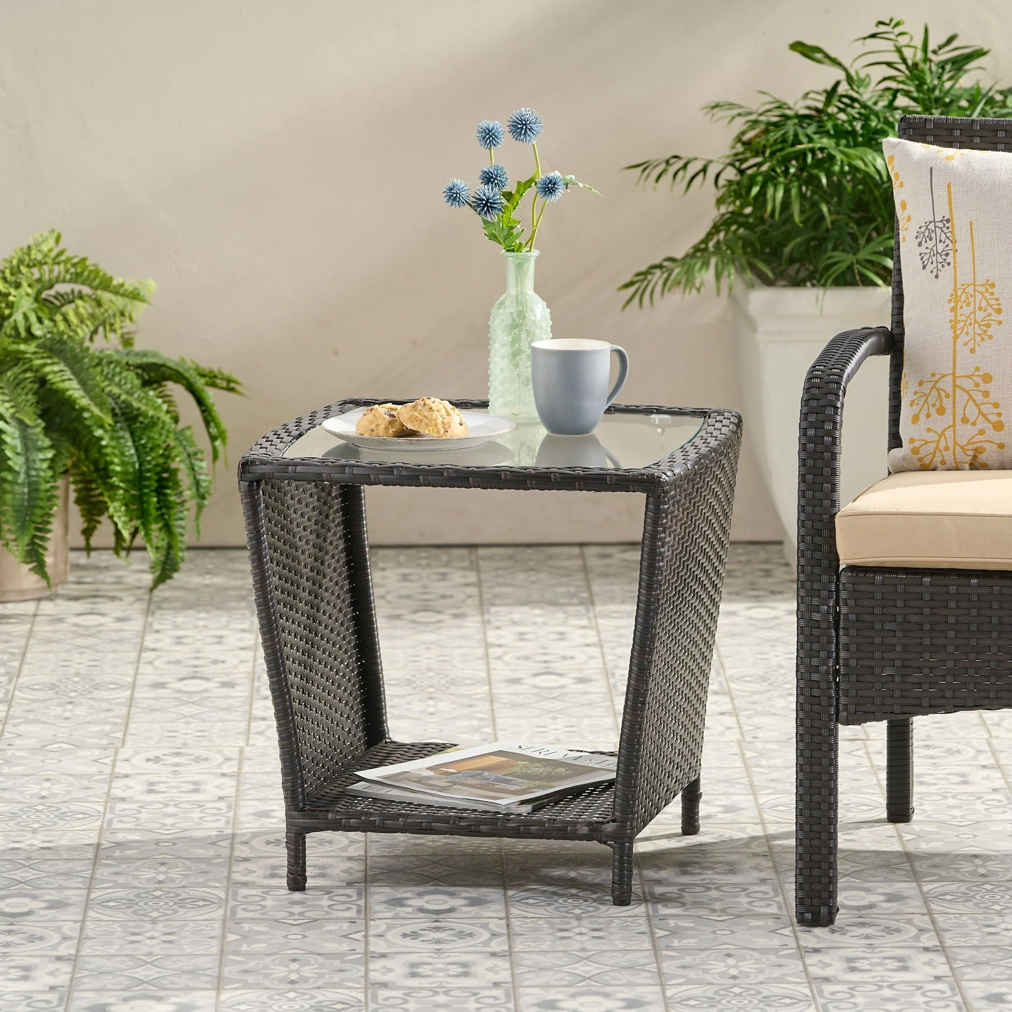 Trenton Outdoor Side Table with Glass Top - Brown Rattan - Image 2