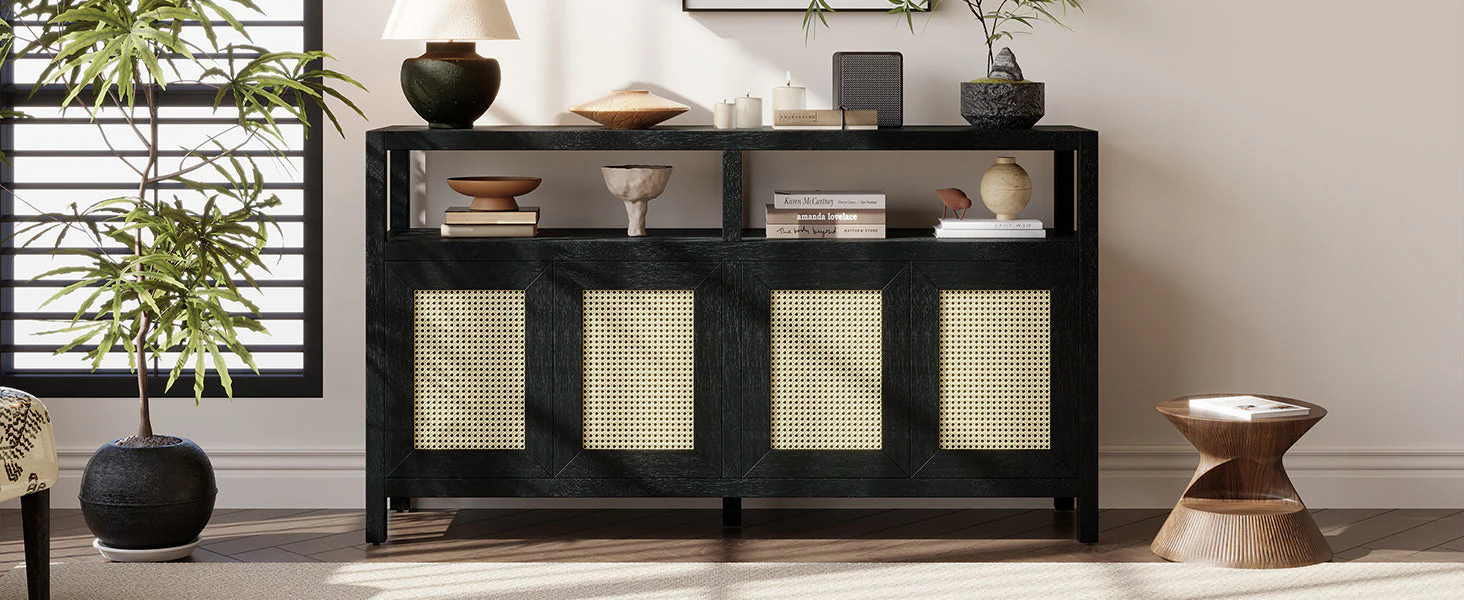 TREXM Bohemian Style Rattan Buffet Storage Cabinet with Solid Wood Frame - Image 18