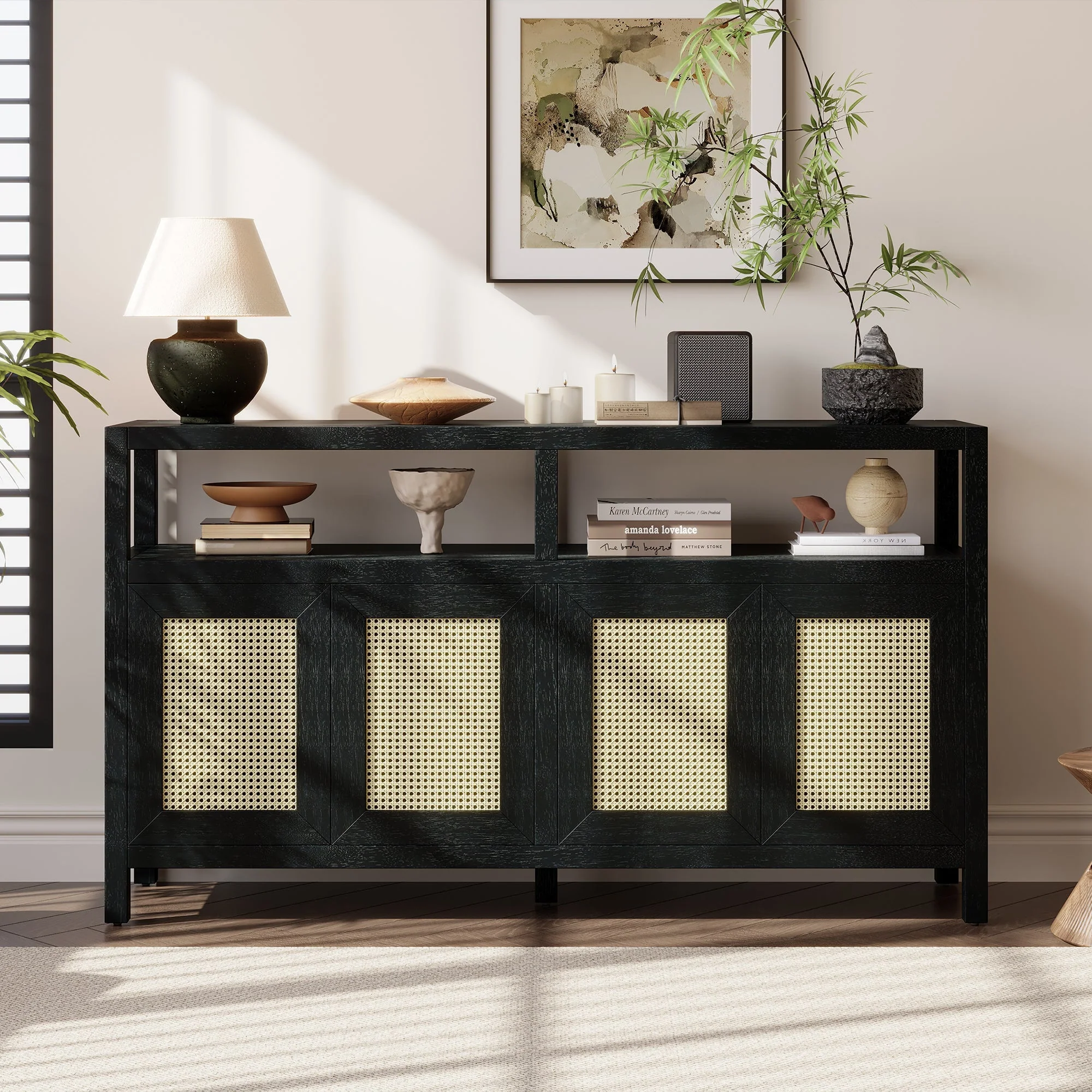 TREXM Bohemian Style Rattan Buffet Storage Cabinet with Solid Wood Frame - Image 2