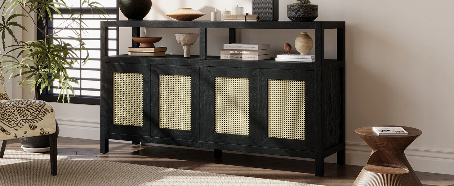 TREXM Bohemian Style Rattan Buffet Storage Cabinet with Solid Wood Frame - Image 20