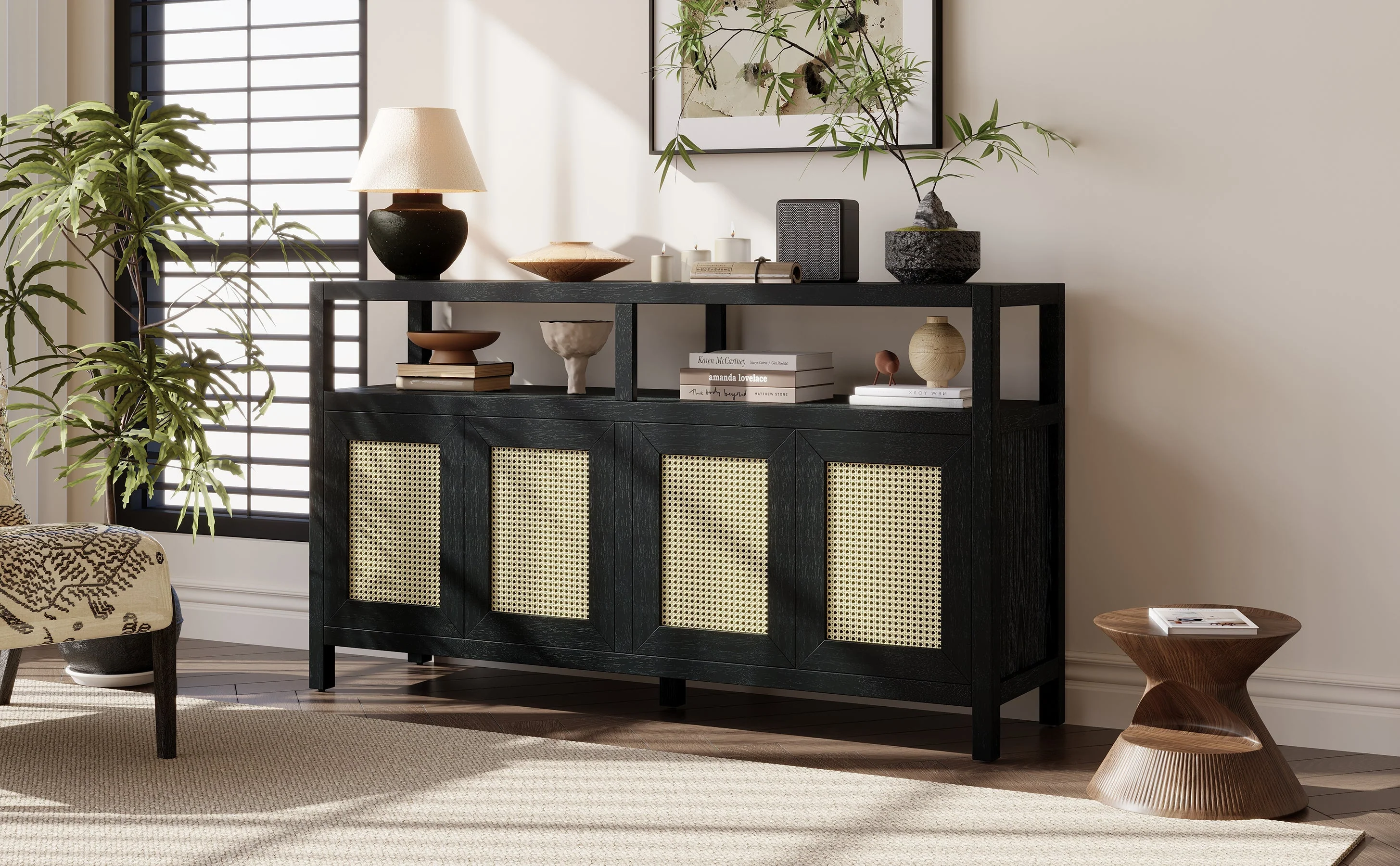 TREXM Bohemian Style Rattan Buffet Storage Cabinet with Solid Wood Frame - Image 23