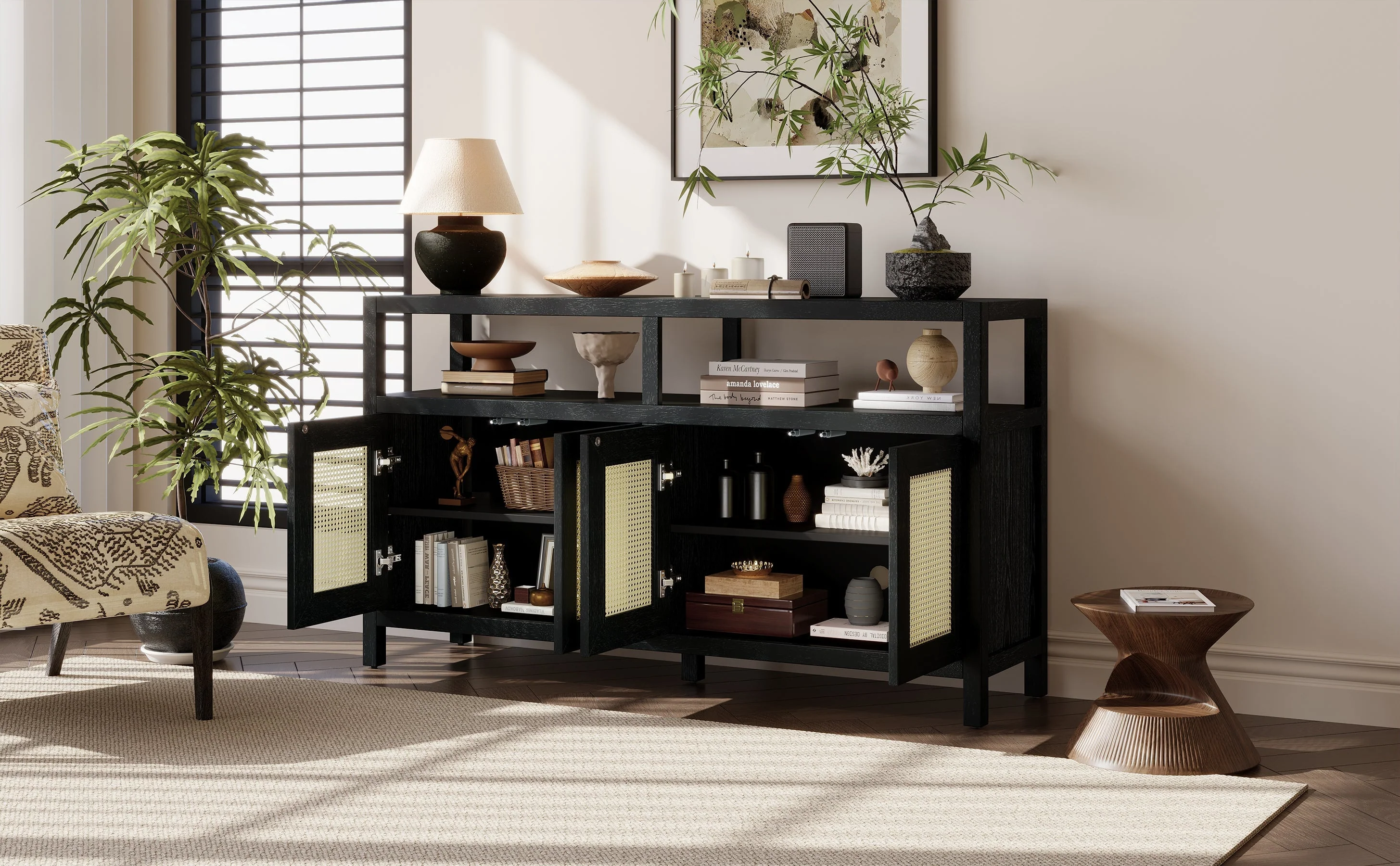 TREXM Bohemian Style Rattan Buffet Storage Cabinet with Solid Wood Frame - Image 26