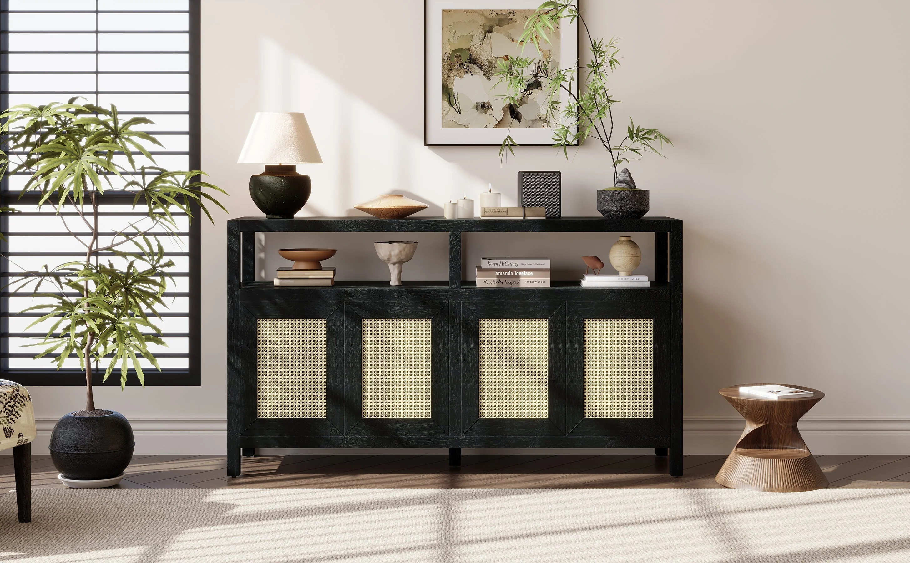TREXM Bohemian Style Rattan Buffet Storage Cabinet with Solid Wood Frame - Image 27