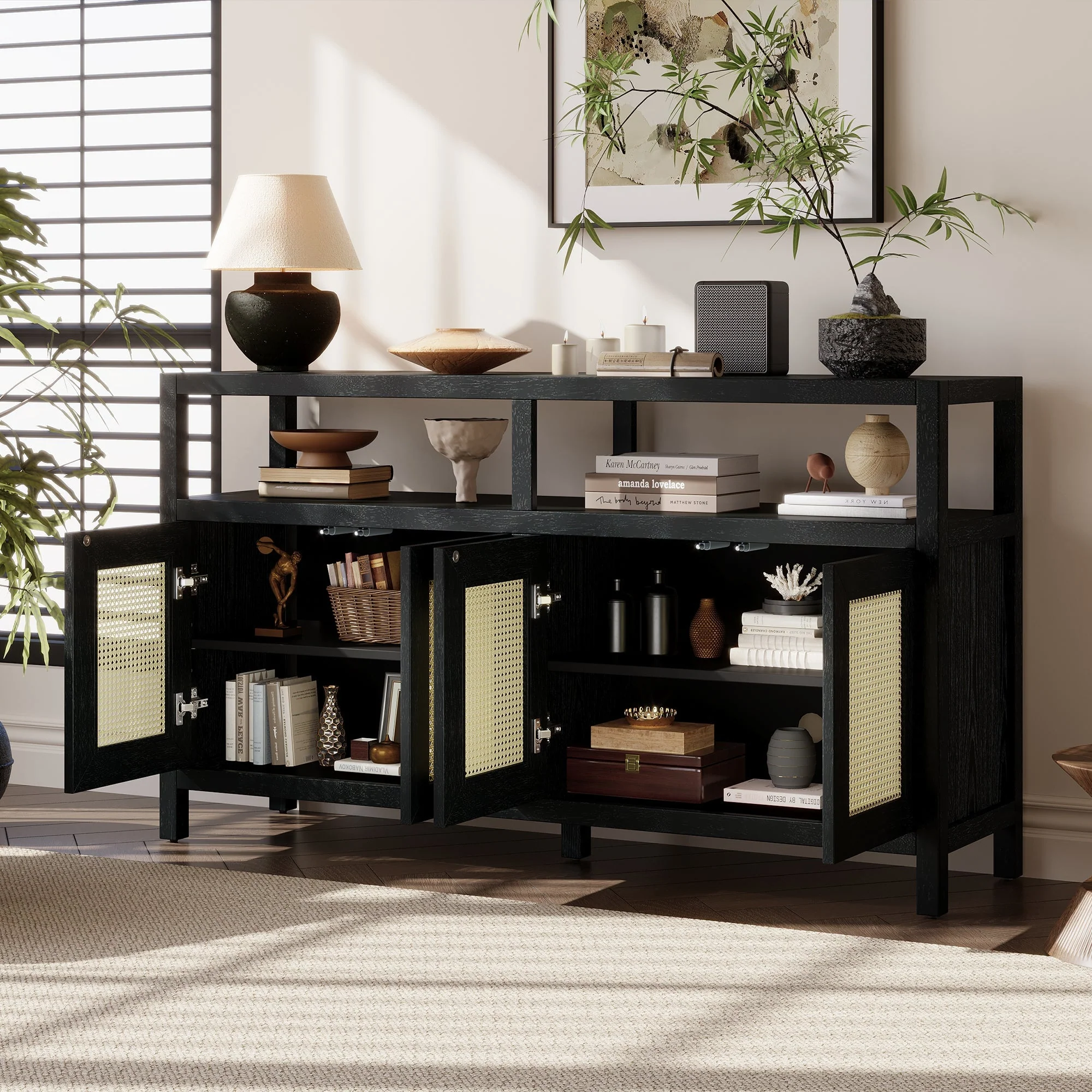 TREXM Bohemian Style Rattan Buffet Storage Cabinet with Solid Wood Frame - Image 3