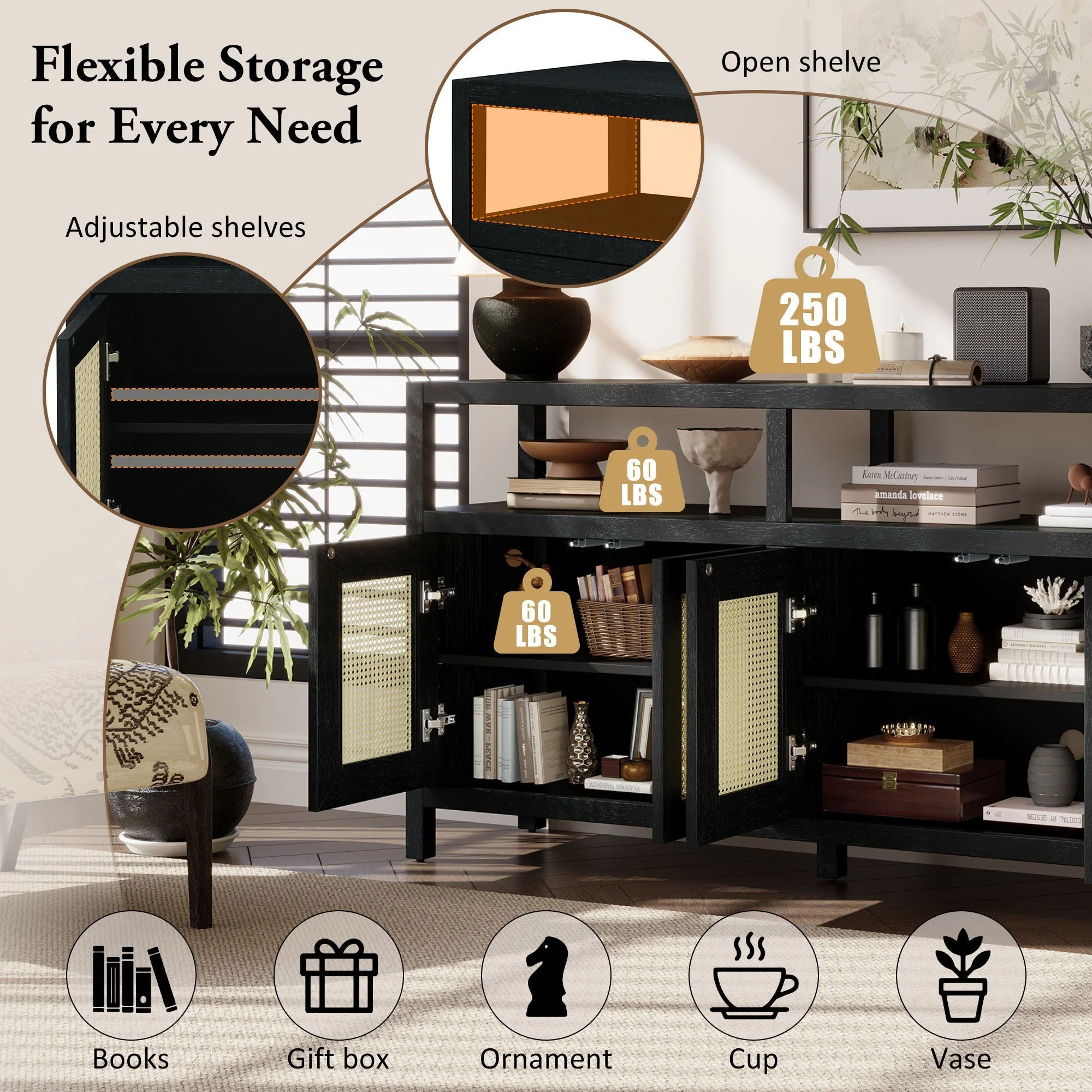 TREXM Bohemian Style Rattan Buffet Storage Cabinet with Solid Wood Frame - Image 5