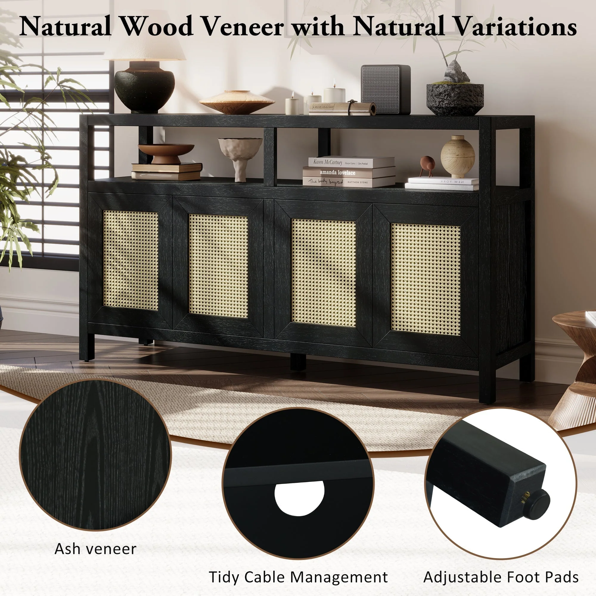 TREXM Bohemian Style Rattan Buffet Storage Cabinet with Solid Wood Frame - Image 7